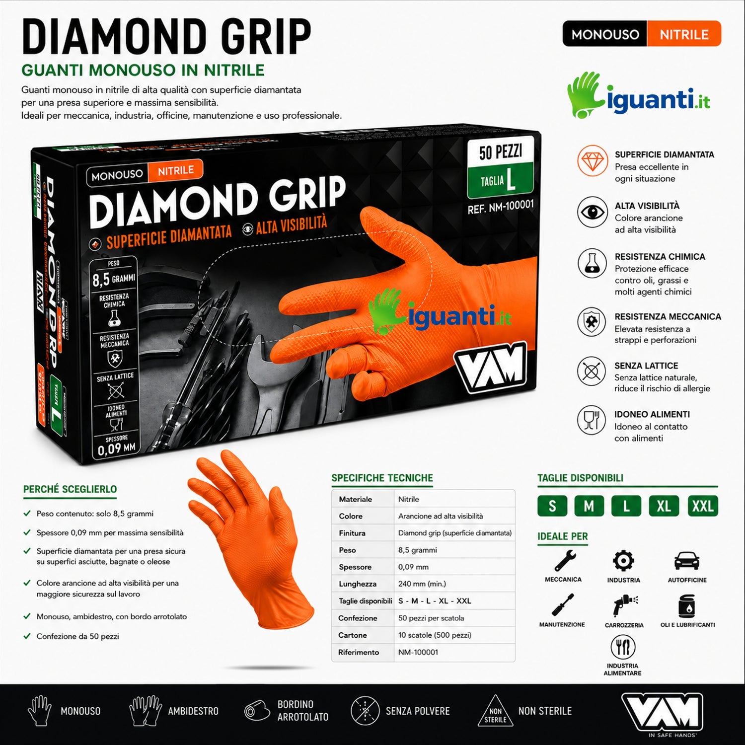 Guanti monouso in nitrile grip arancione da meccanico pz.50 vam Diamond grip gr. 8,40