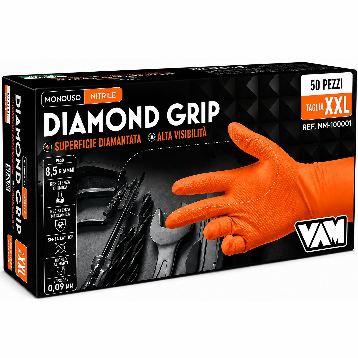 Guanti monouso in nitrile grip arancione pz.50 vam Diamond grip gr. 8,40 taglia XXL