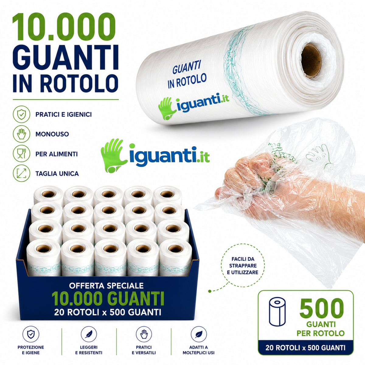 10.000 Guanti monouso per distributori pompe di benzina e ortofrutta 20 rotoli x 500 taglia XL