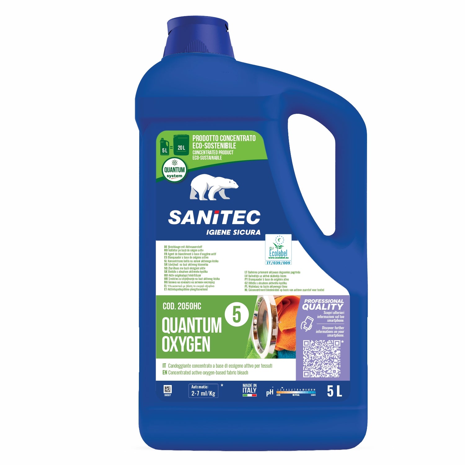 Quantum oxygen candeggiante concentrato a base di ossigeno attivo per tessuti 5 litri sanitec 2050hc