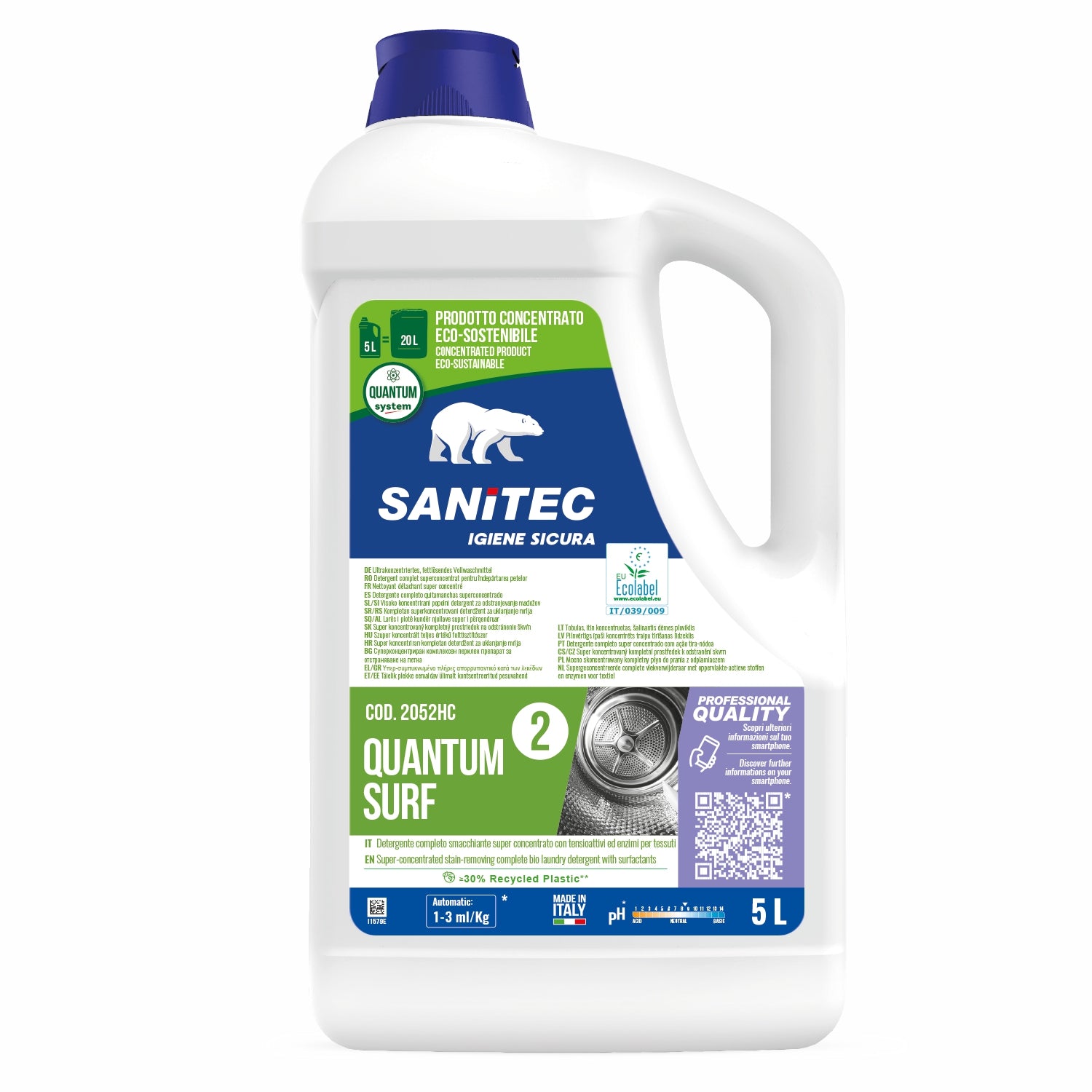 Quantum surf Detergente completo smacchiante super concentrato con tensioattivi ed enzimi per tessuti 5 Litri sanitec 2052 HC