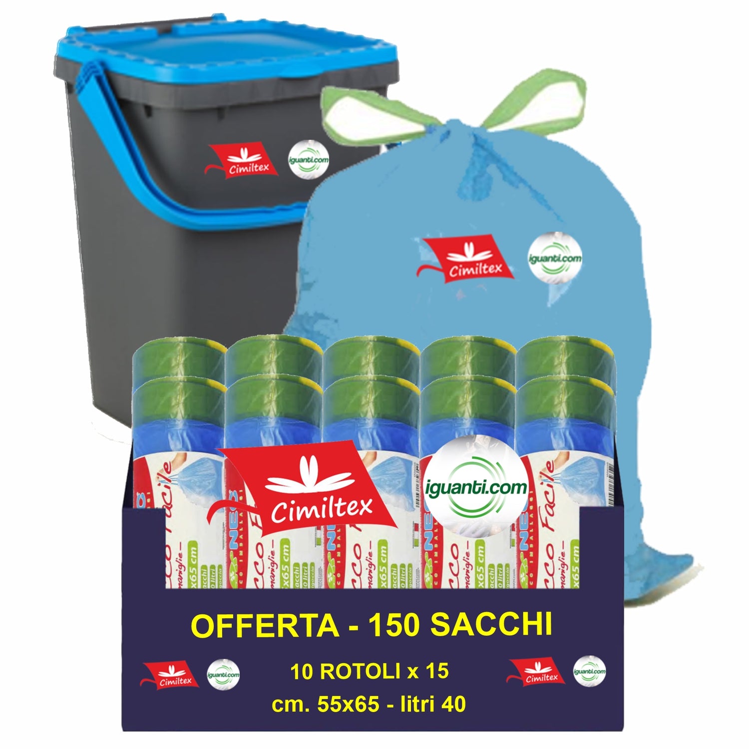 150 Sacchi pattumiera Profumato con maniglie colore azzurro 40 litri 55x65 cm. gr. 12