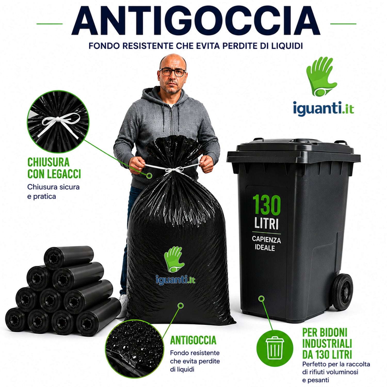 Sacco nero con saaldatura lineare sul fondo senza pieghe con legacci antigoccia per bidone da 130 litri