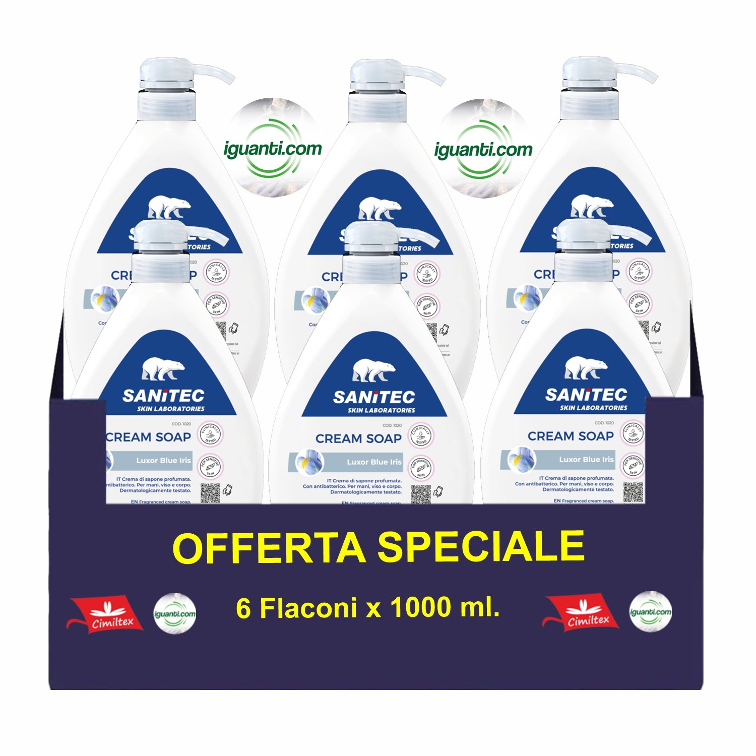 Sapone 6 flaconi Cream Soap profumato idratante con antibatterico 1000 ML sanitec 1020