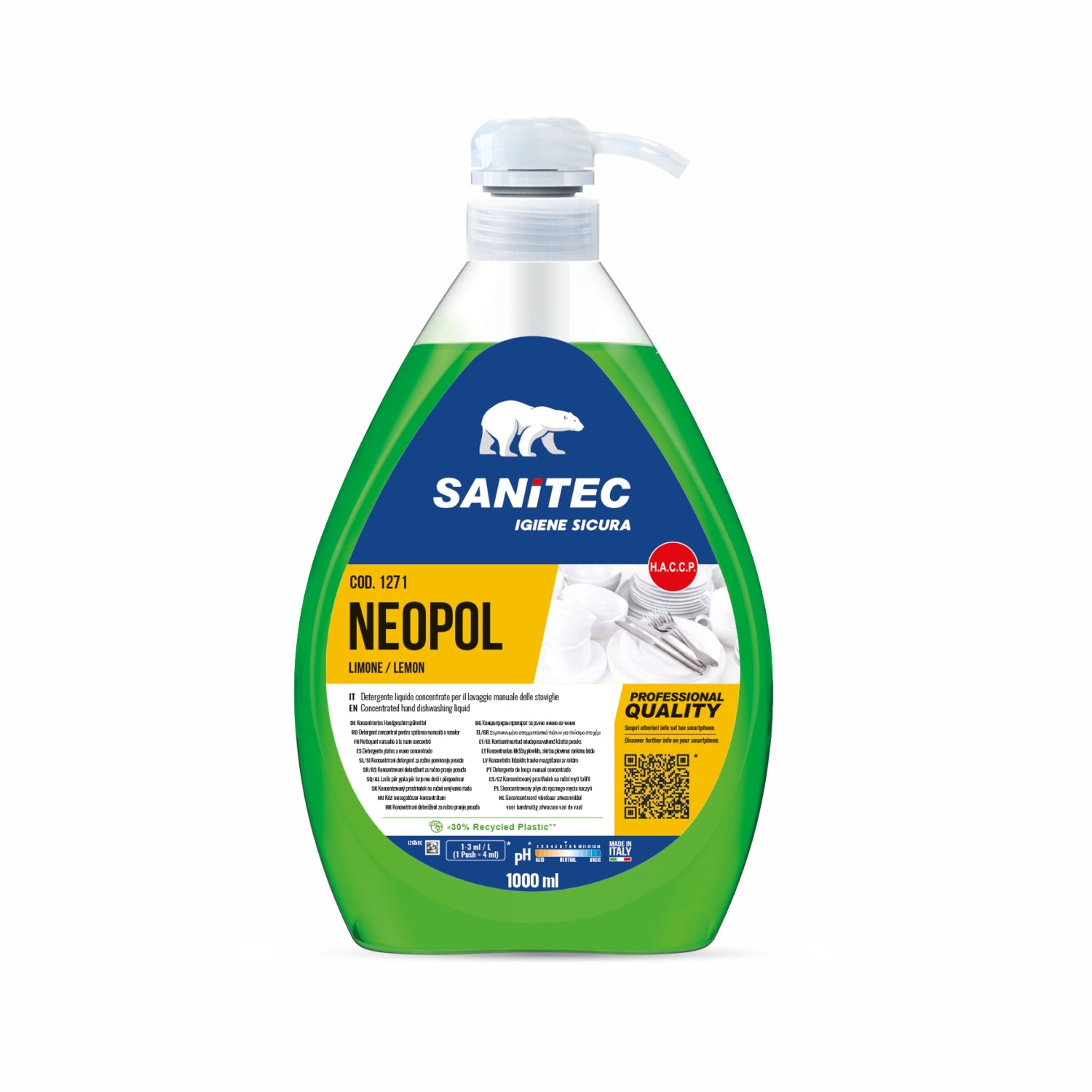 Lavastoviglie detergente Neopol limone  liquido concentrato lavaggio manuale 1 litro sanitec 1271