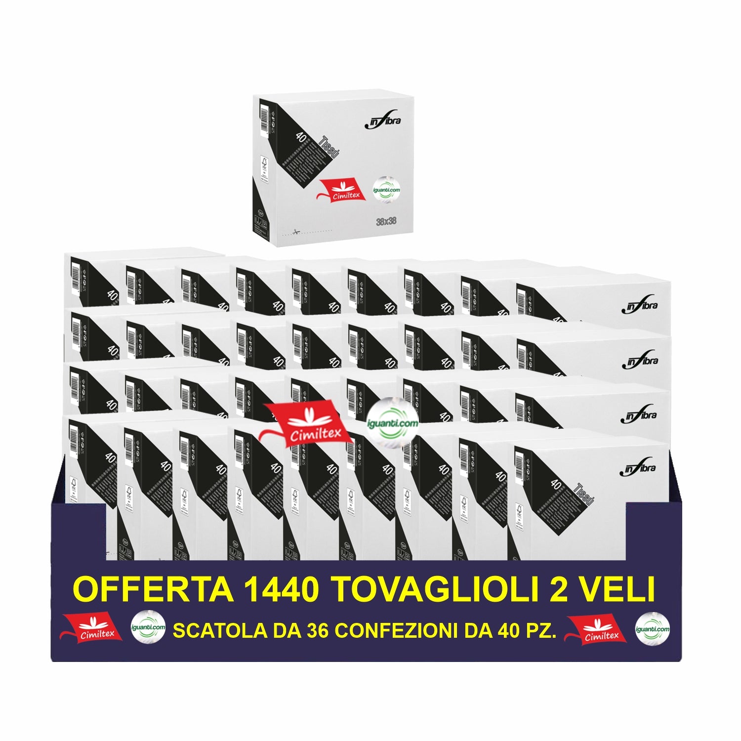 Tovaglioli di carta 2 veli Bianco 1440 tovaglioli formato 38x38 cm. 36 confezioni da 40 pz.