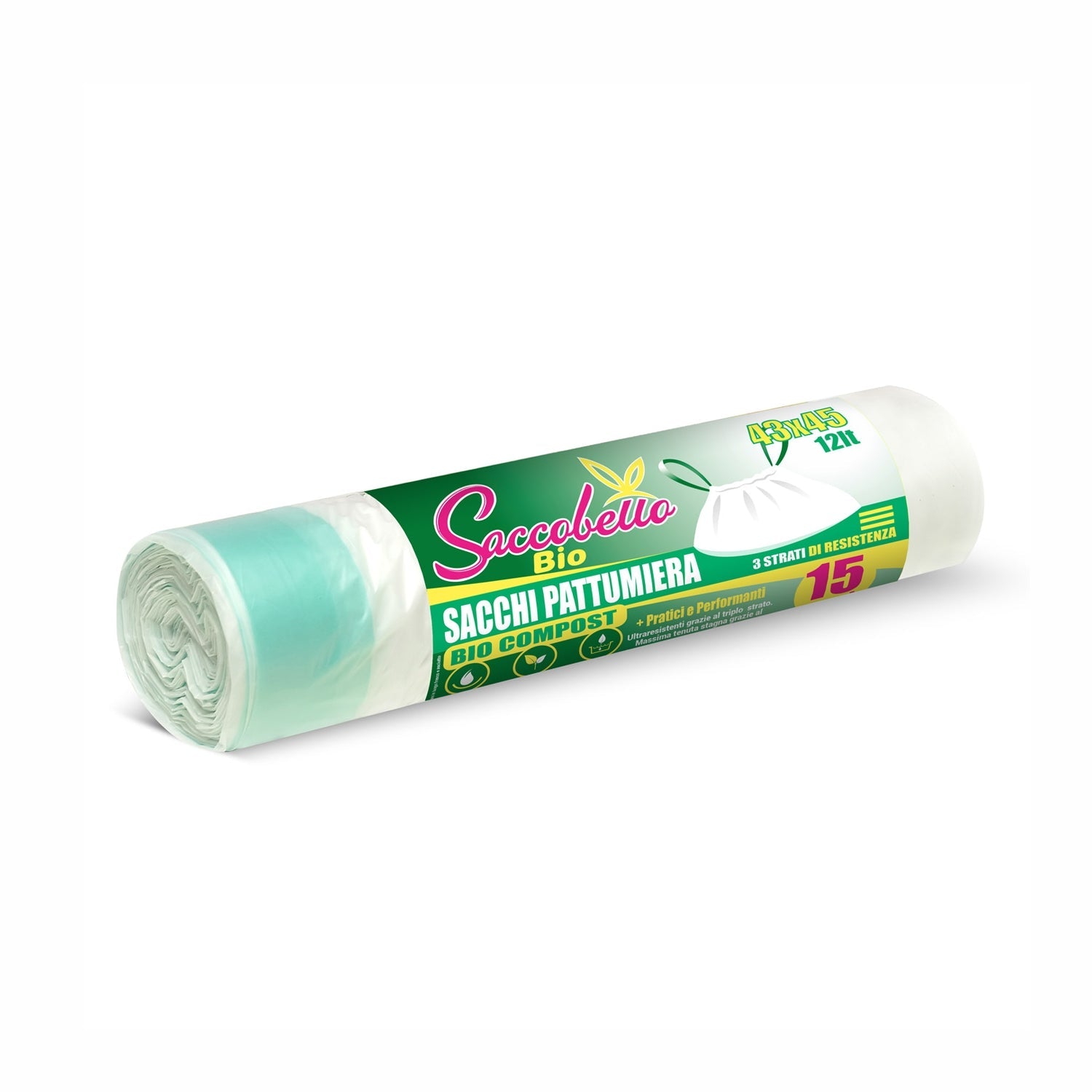 Sacco Bio compostabile per organico con maniglie 43x45 cm. 12 litri rotolo da 15 sacchetti
