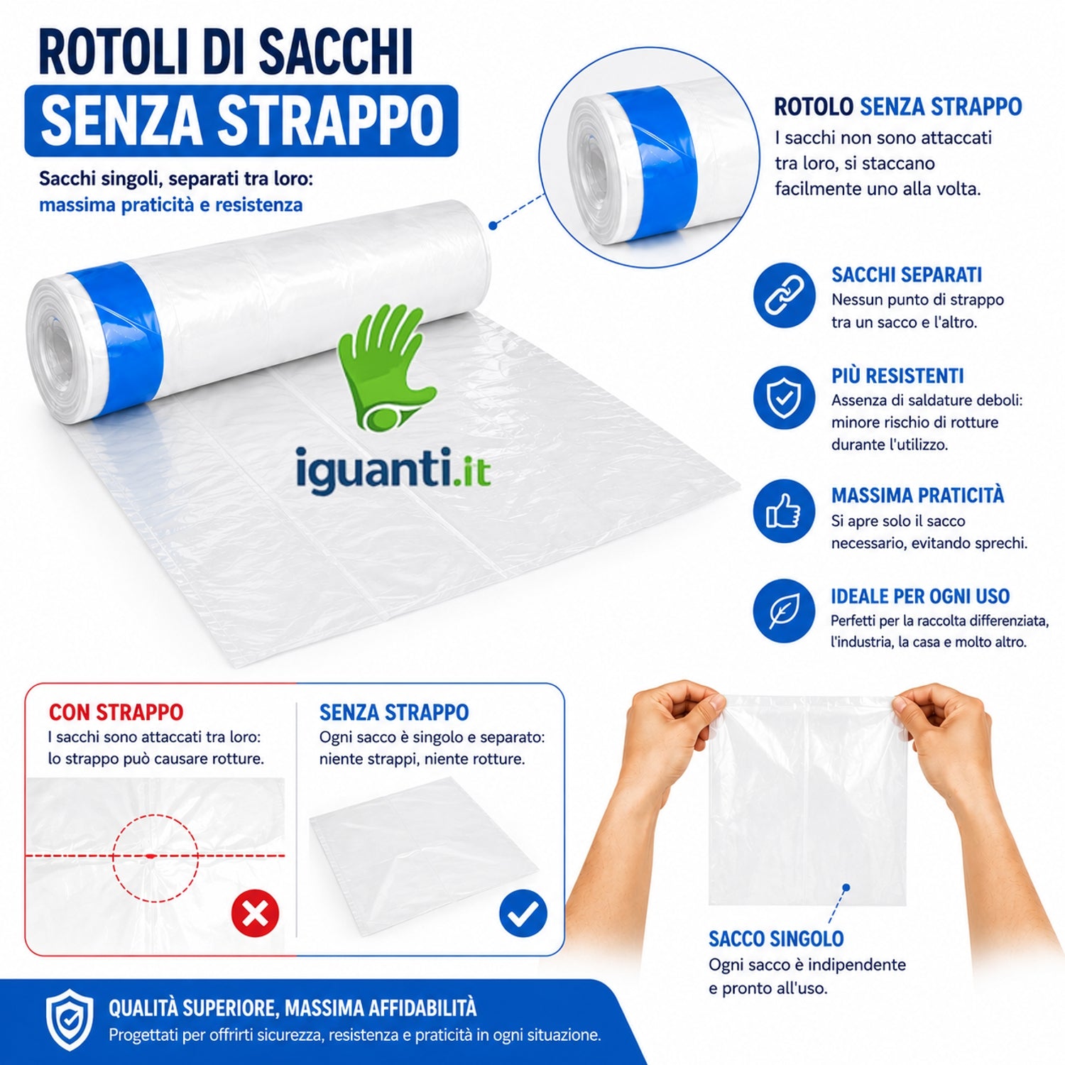 200 Sacchi 90x120 cm. litri 150 Chiusura con laccio scorrevole colore Bianco traslucido