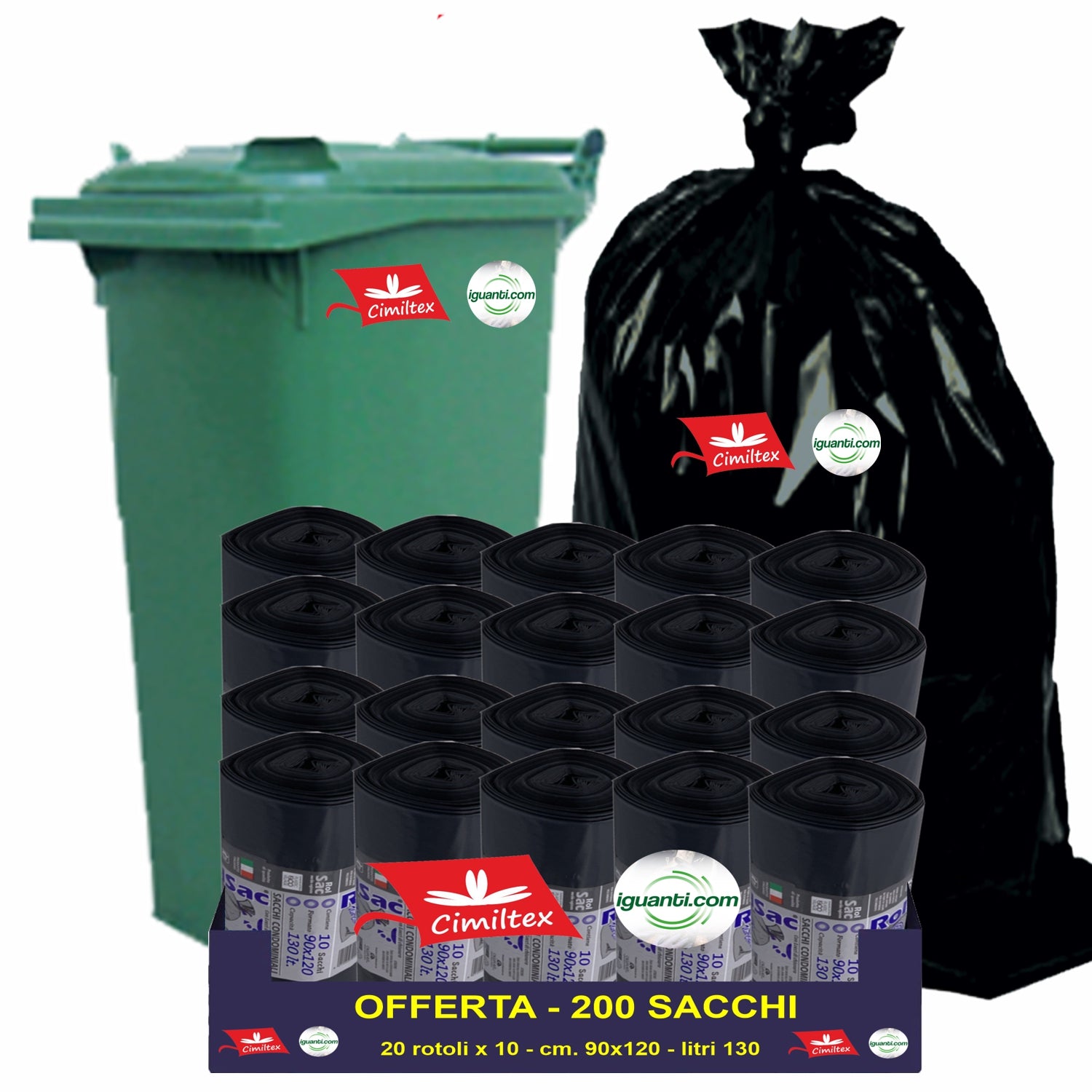 200 Sacchi 130 litri 90x120 cm. gr.100 condominiale raccolta indifferenziata colore nero 20 rotoli
