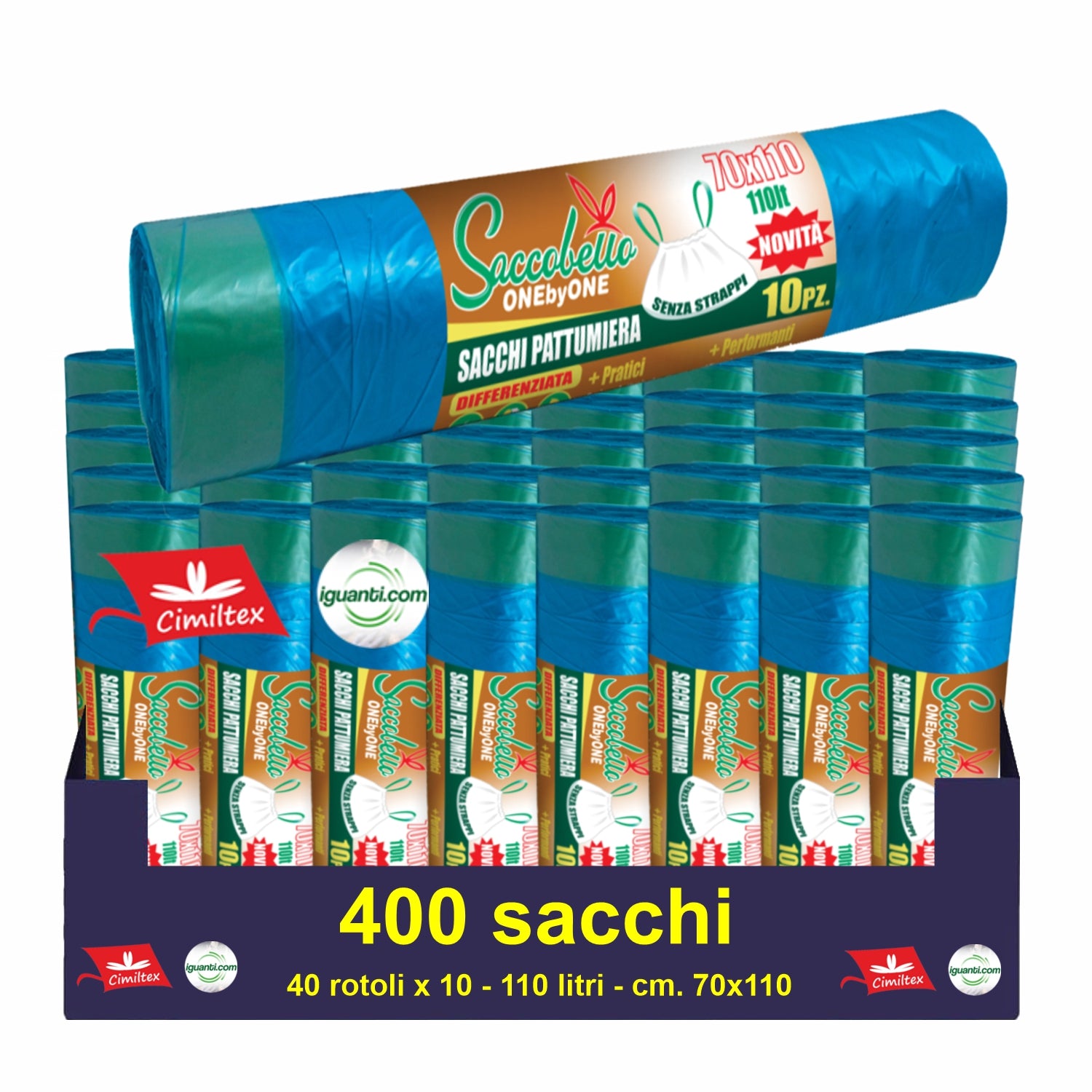 400 Sacchi Spazzatura cm. 70x110 per Raccolta Differenziata, 110 Litri con Maniglia a Scorrimento, Sacchetti Spazzatura Alta Resistenza, Spazzatura Differenziata per la Riciclabile colore azzurro trasparente