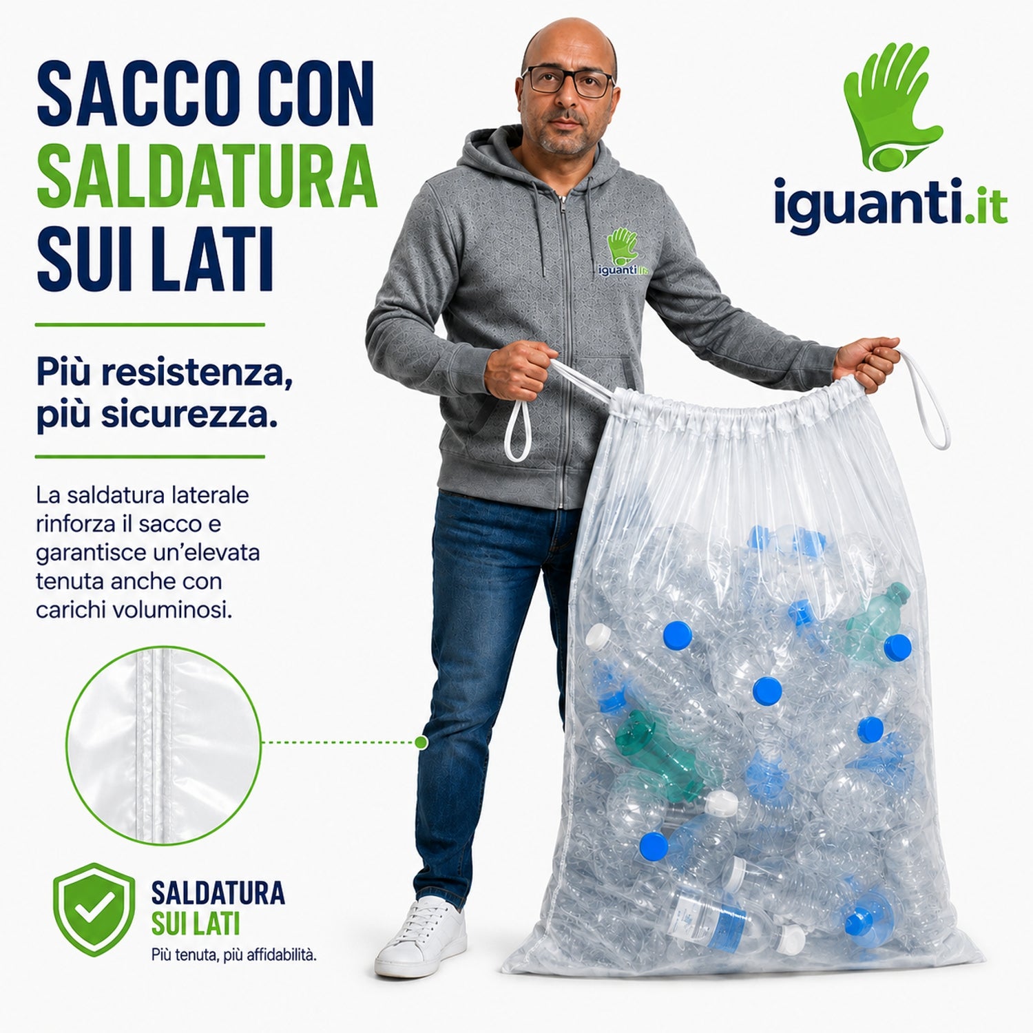 200 Sacchi 90x120 cm. litri 150 Chiusura con laccio scorrevole colore Bianco traslucido