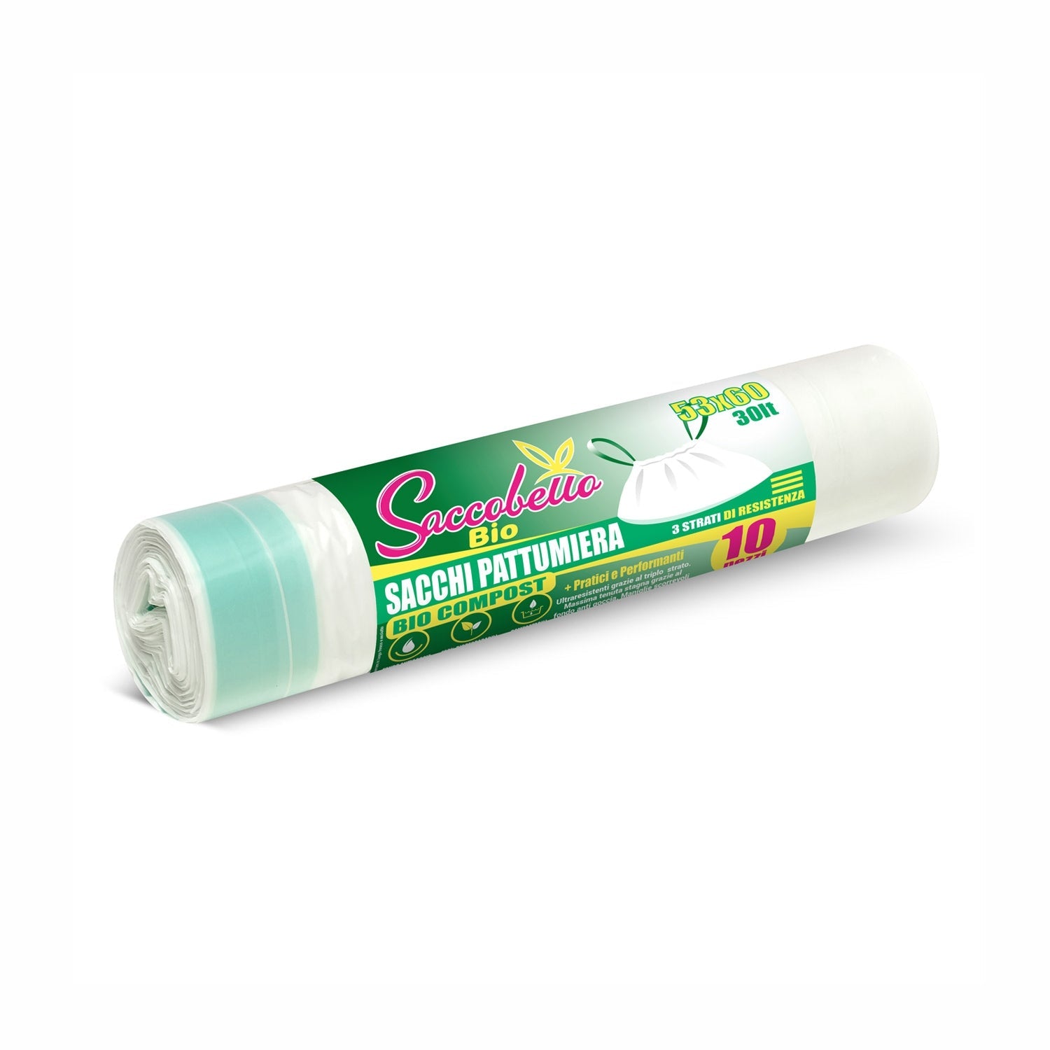 Sacco Bio compostabile per organico con maniglie 53x60 30 litri rotola da 10 sacchi
