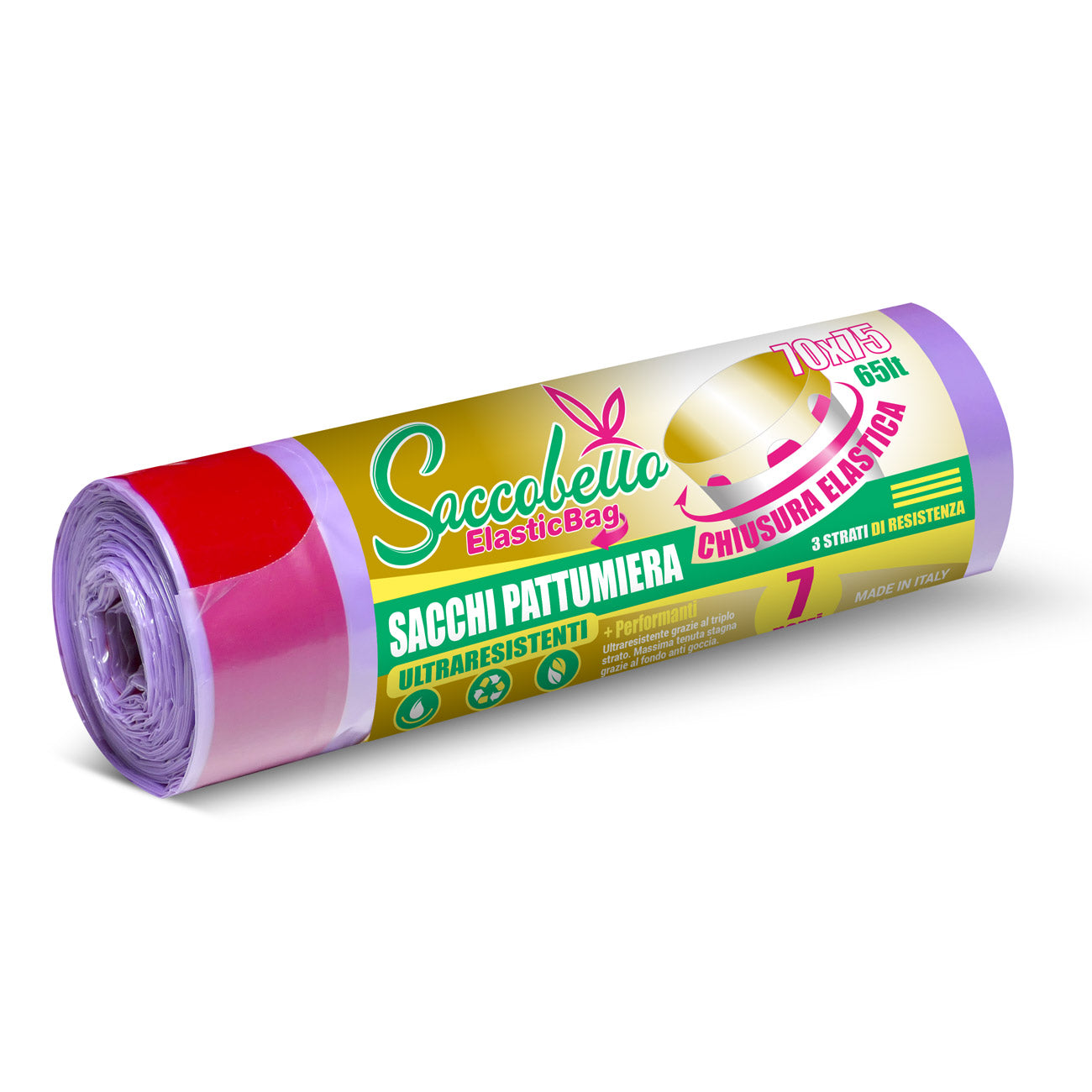 Sacco differenziata 65 litri 70x75 con maniglie e chiusura elastica 7 pz