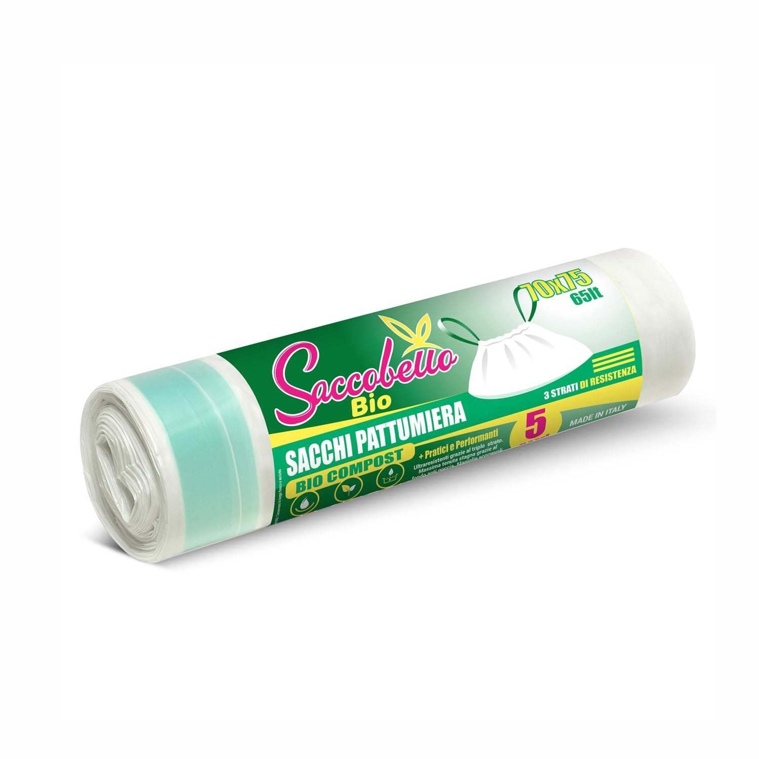 Sacco Bio compostabile per organico con maniglie 70x75 cm. 65 litri rotola da 5 sacchi