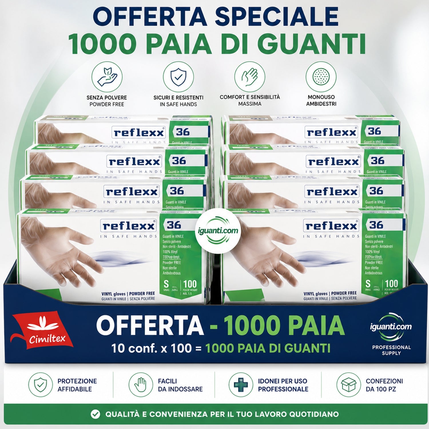 1000 Guanti monouso vinile senza polvere reflexx R36 10 confezioni da 100 gr. 4,20
