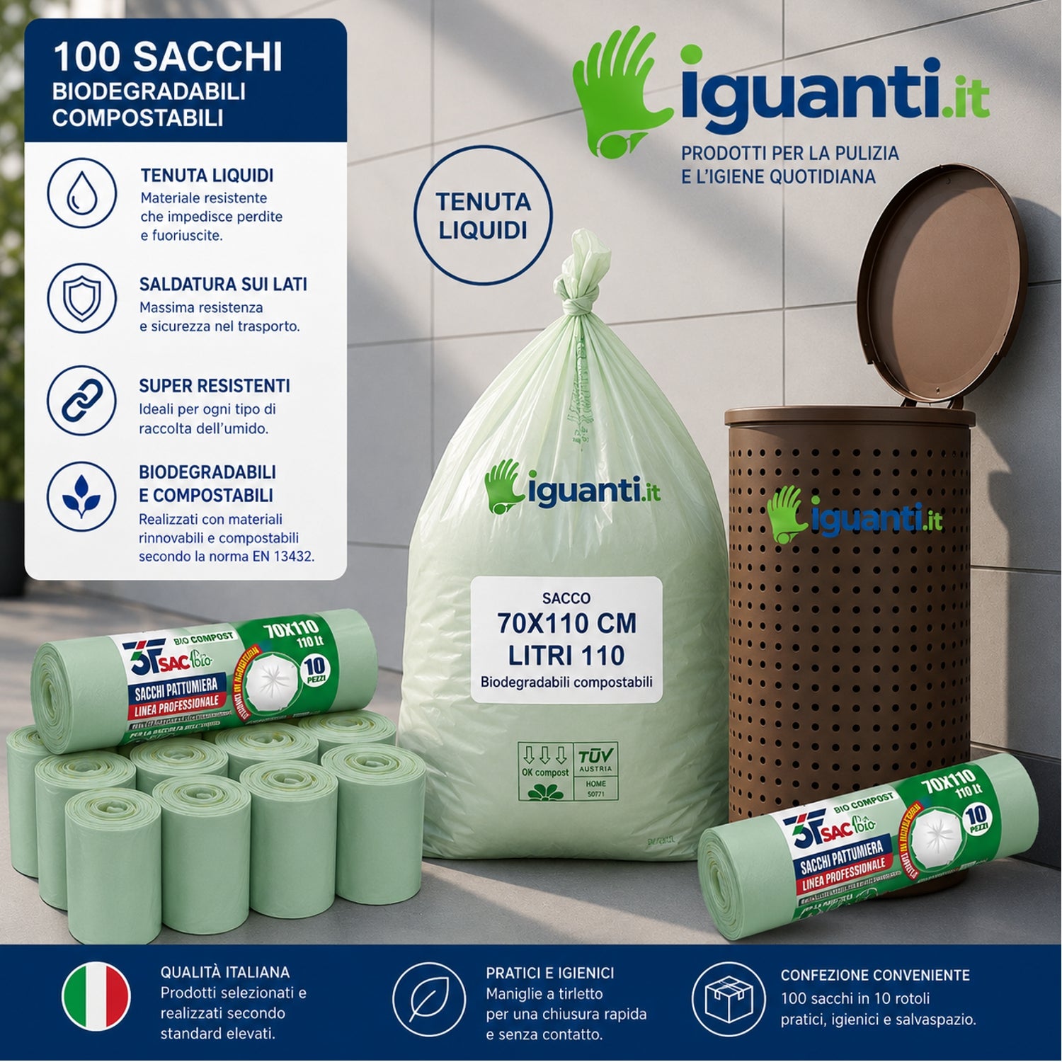 100 Sacchi Biodegradabile compostabile organico 110 litri cm.70x110 pz.100