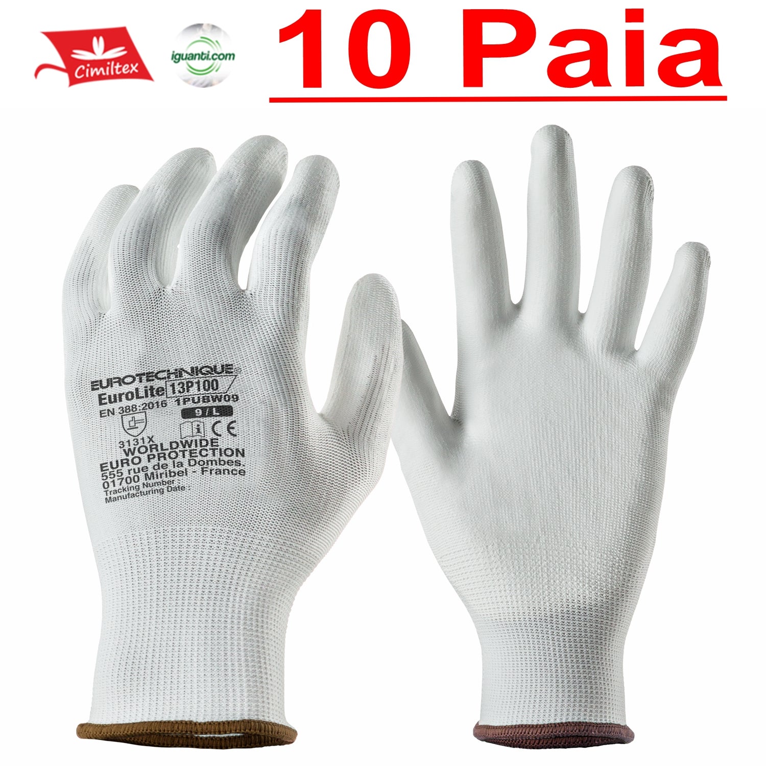 10 paia di Guanti a filo continuo traspirante con spalmatura in poliuretano bianco