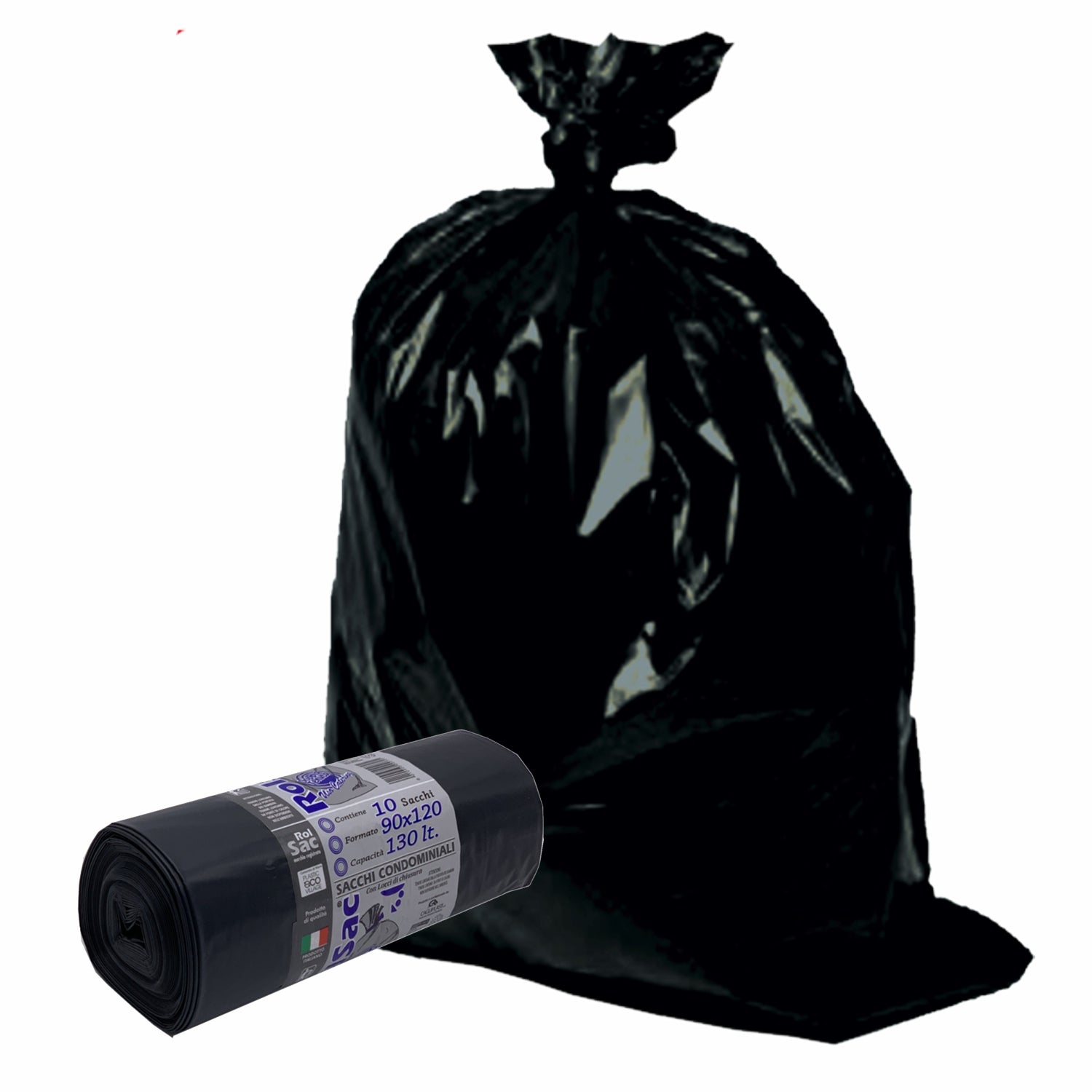 200 Sacchi 130 litri 90x120 cm. gr.100 condominiale raccolta indifferenziata colore nero 20 rotoli