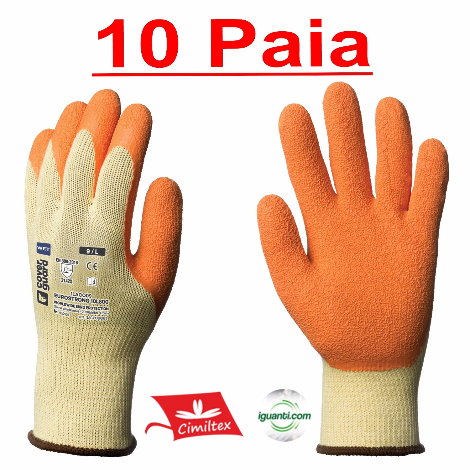 10 paia Guantii da lavoro Spalmato in lattice arancione con finitura zigrinata su palmo e pollice