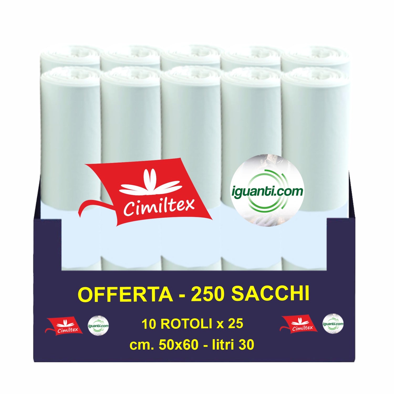 Sacco piccolo per cestino 30 litri 50x60 cm. colore bianco gr. 9 (rot. pz. 25)