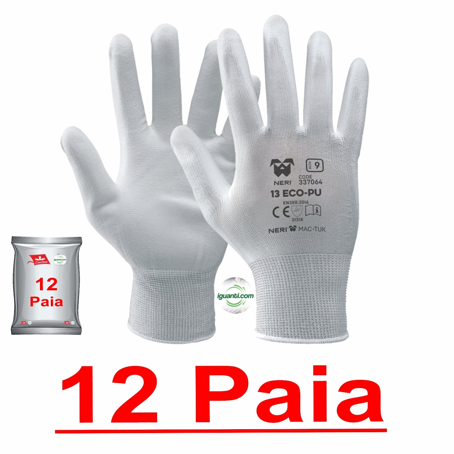12 paia di Guanti a filo continuo traspirante con spalmatura in poliuretano bianco