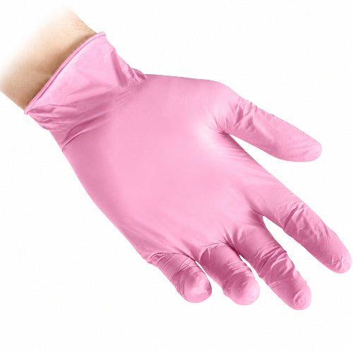 Guanto monouso in nitrile rosa Reflexx N82 indossato su sfondo bianco