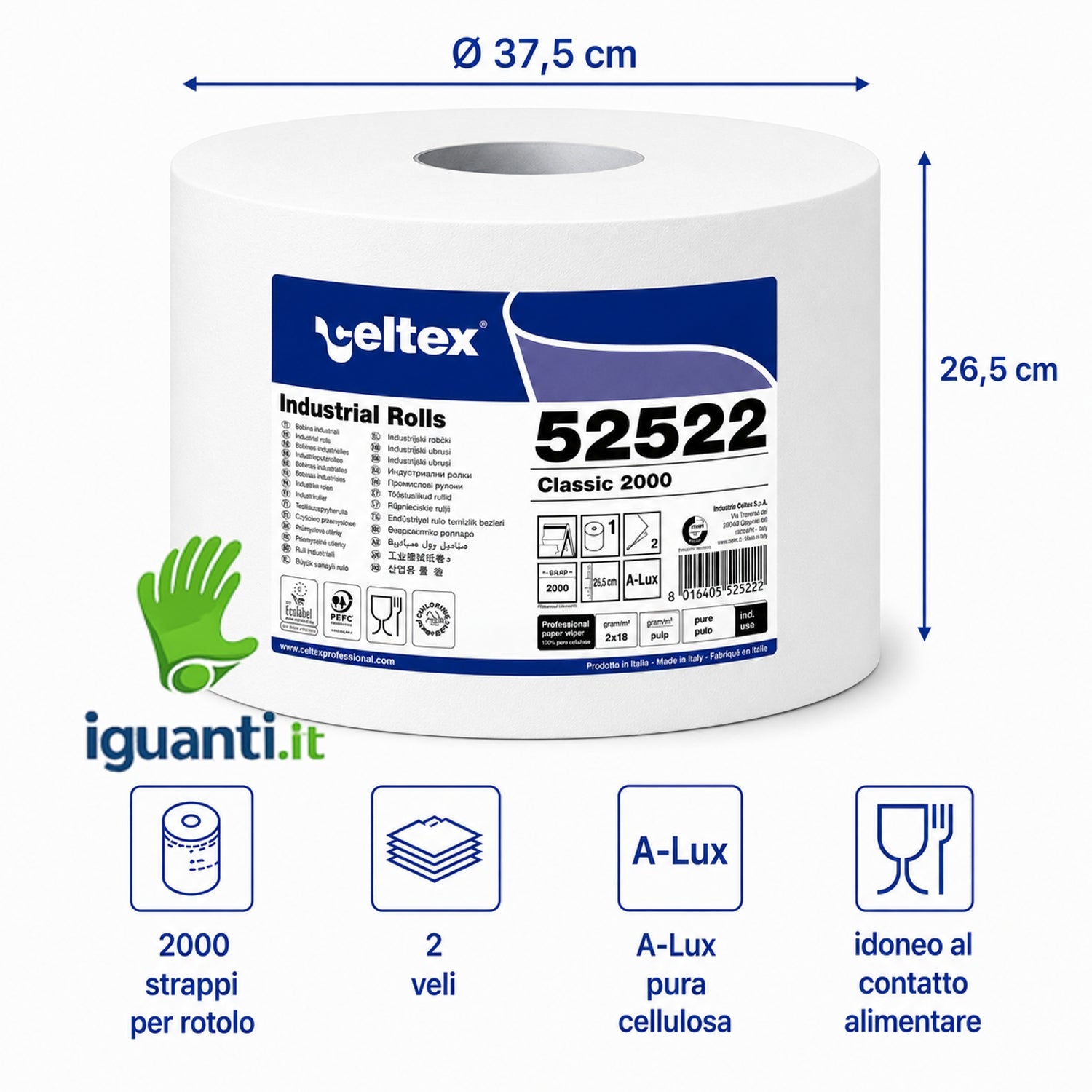 Rotolone Celtex C52522 – dettaglio rotolo 2 veli cellulosa vergine superficie liscia idoneo al contatto alimentare