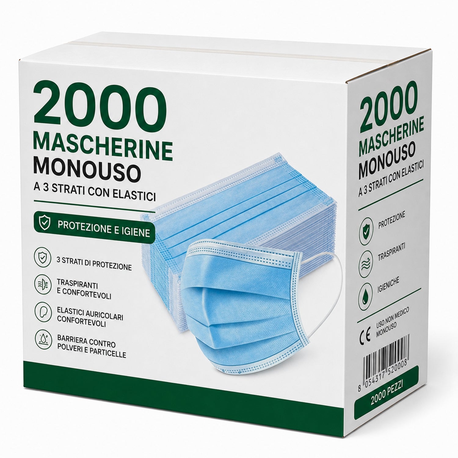 2000 Mascherine chirurgica TNT 3 strati con elastici