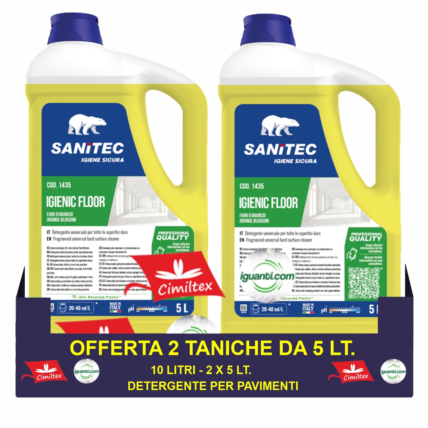 2 taniche Detergente Pavimenti Igienic Floor fiori d'arancio alcalino per sporco pesante 5 litri sanitec 1435