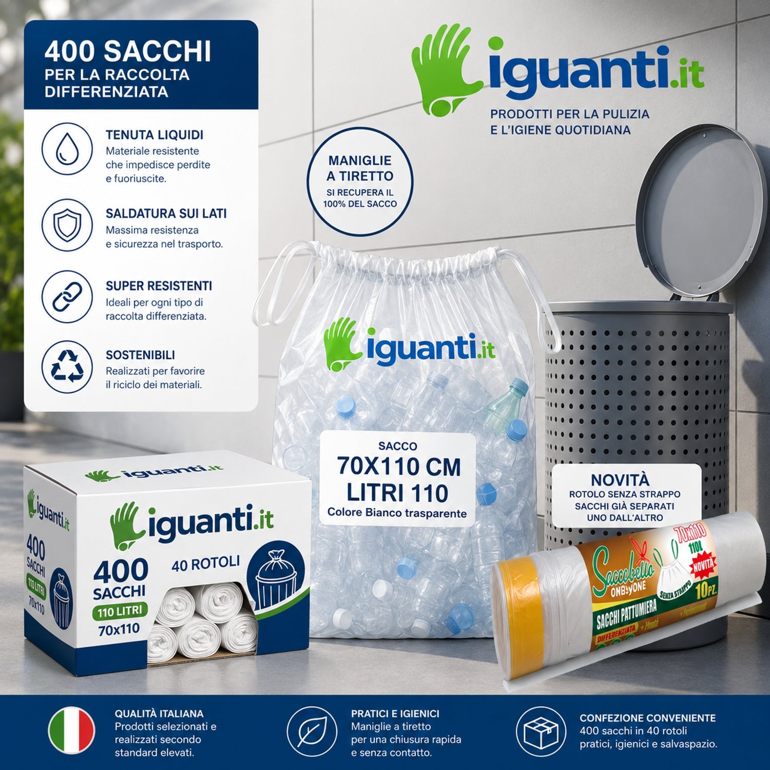 400 Sacchi Spazzatura resistenti cm. 70x110 Raccolta Differenziata 110 Litri con Maniglia colore Ambra trasparente