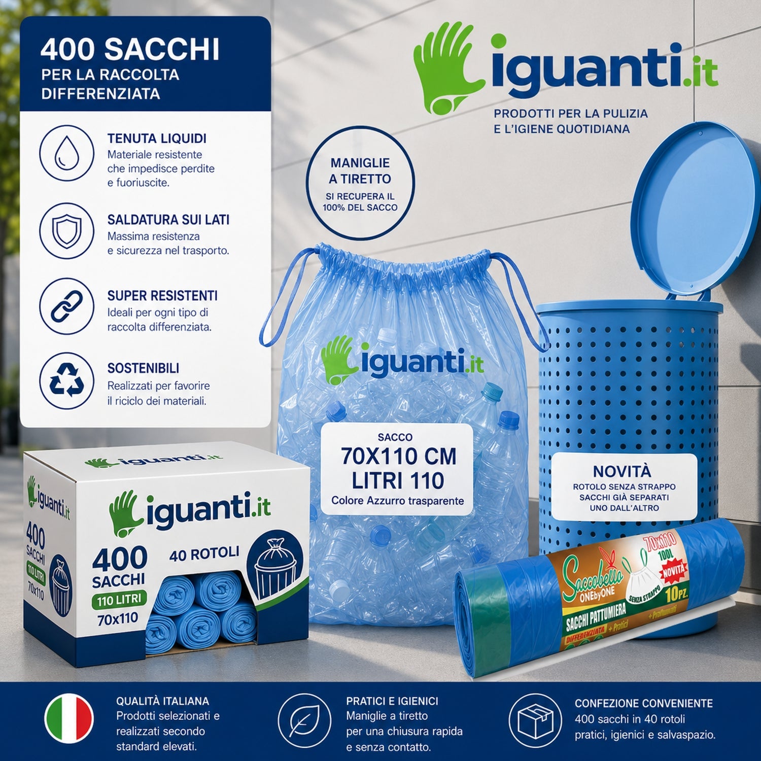 400 Sacchi Spazzatura resistenti cm. 70x110 Raccolta Differenziata 110 Litri con Maniglia colore Azzurro trasparente
