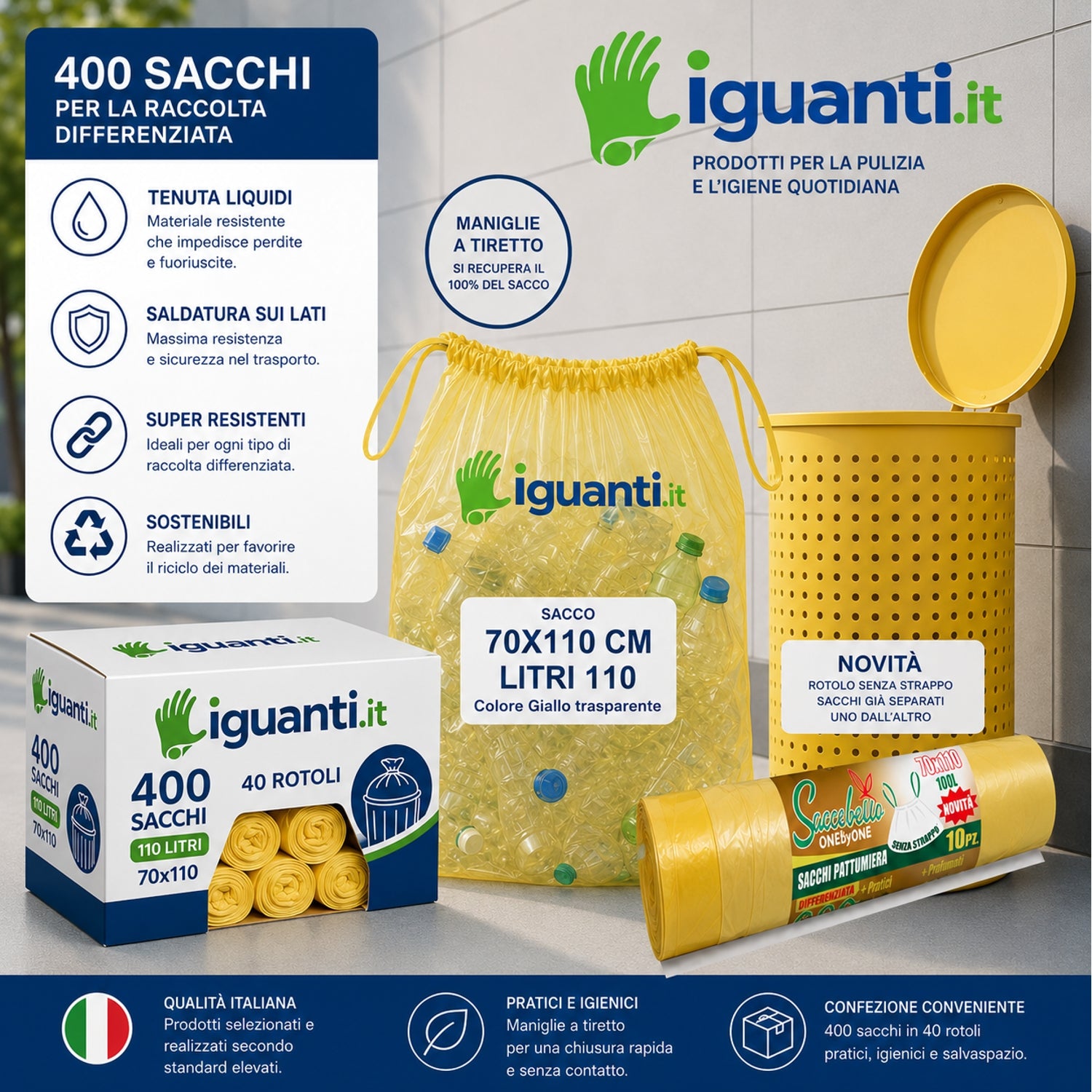 400 Sacchi Spazzatura resistenti cm. 70x110 Raccolta Differenziata 110 Litri con Maniglia colore giallo trasparente