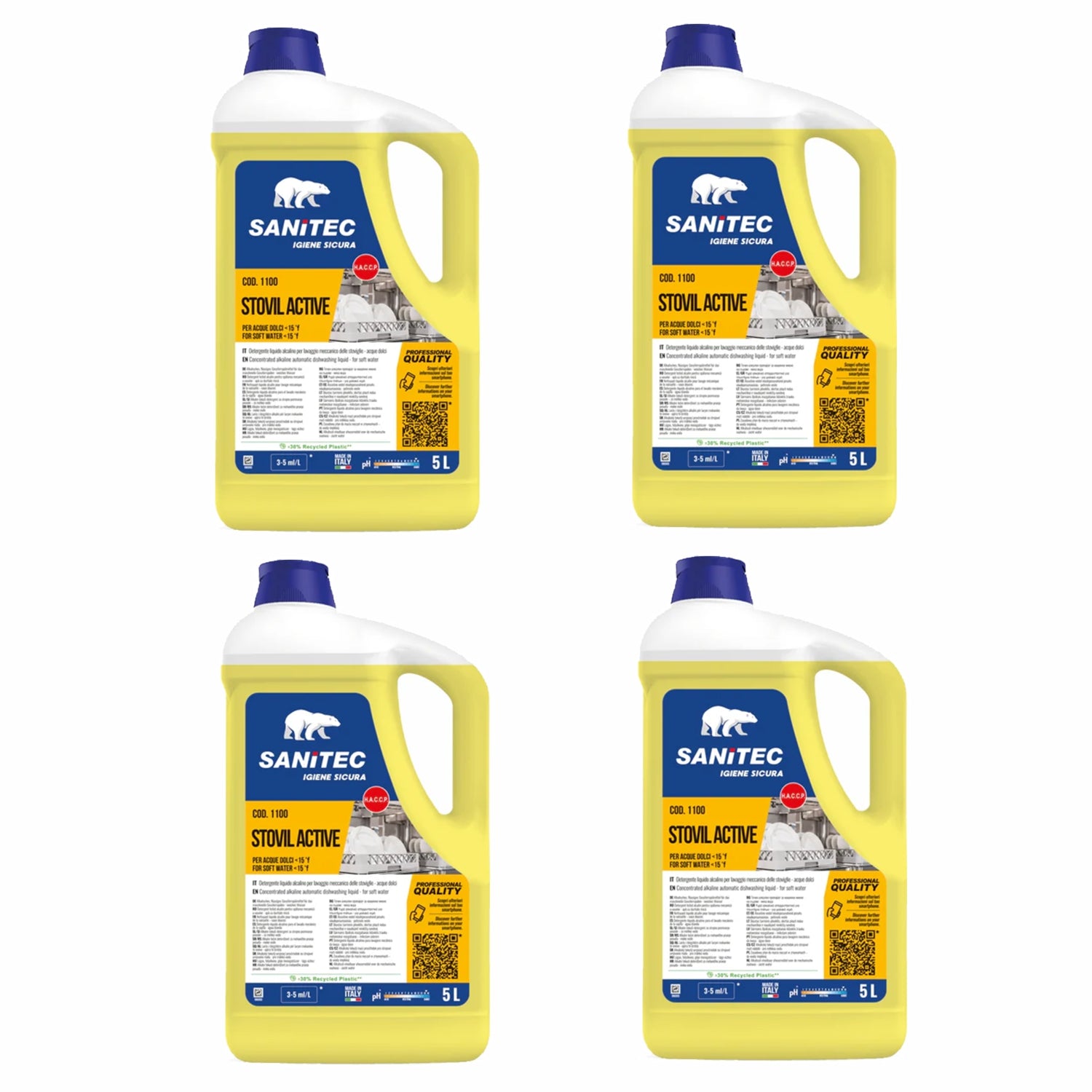 4 taniche Lavastoviglie detergente Stovil Active lavaggio meccanico delle stoviglie 5 litri sanitec 1100