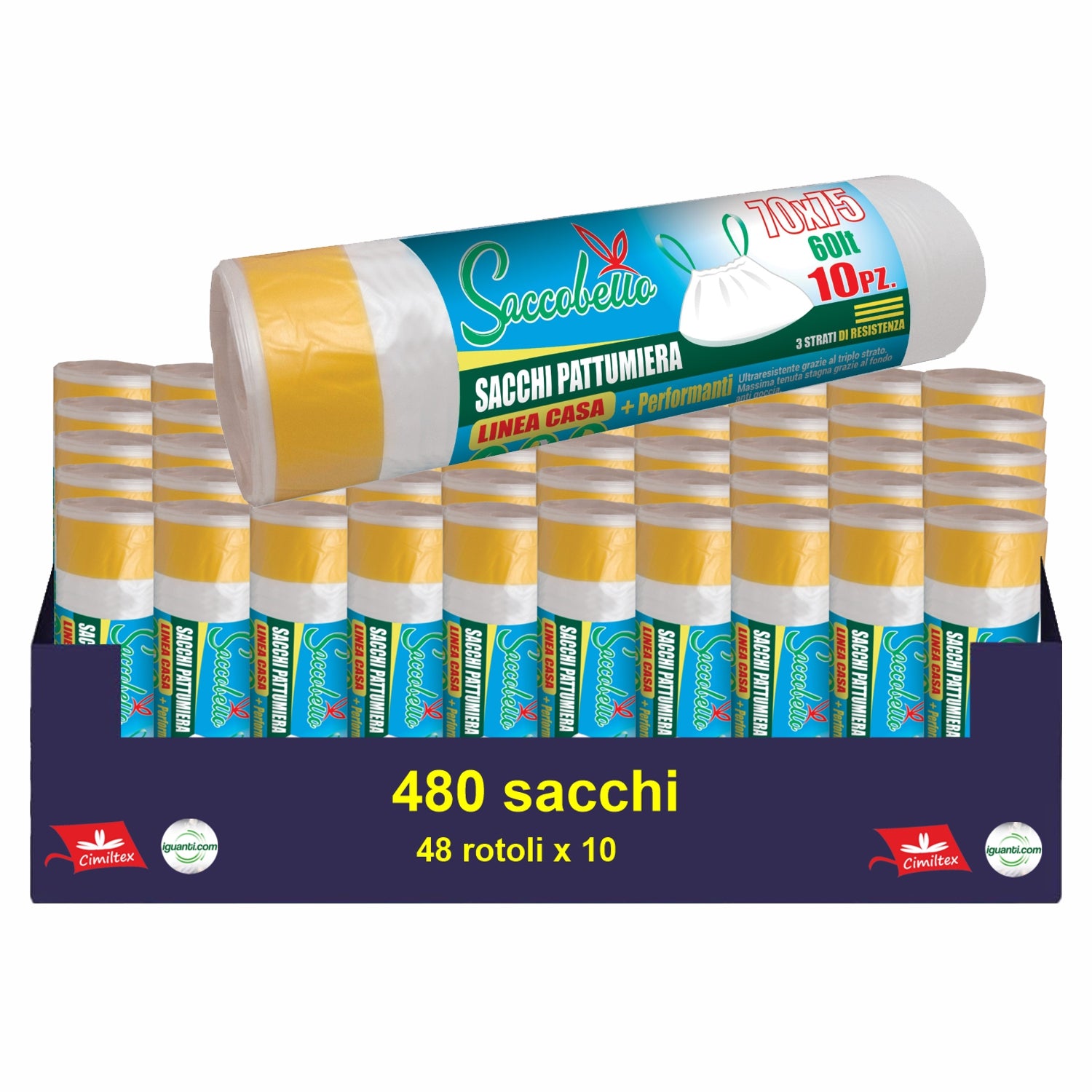 480 Sacchi 60 litri colore neutro trasparente con maniglie pattumiera 70x75 cm. 48 rotoli x 10 pz.