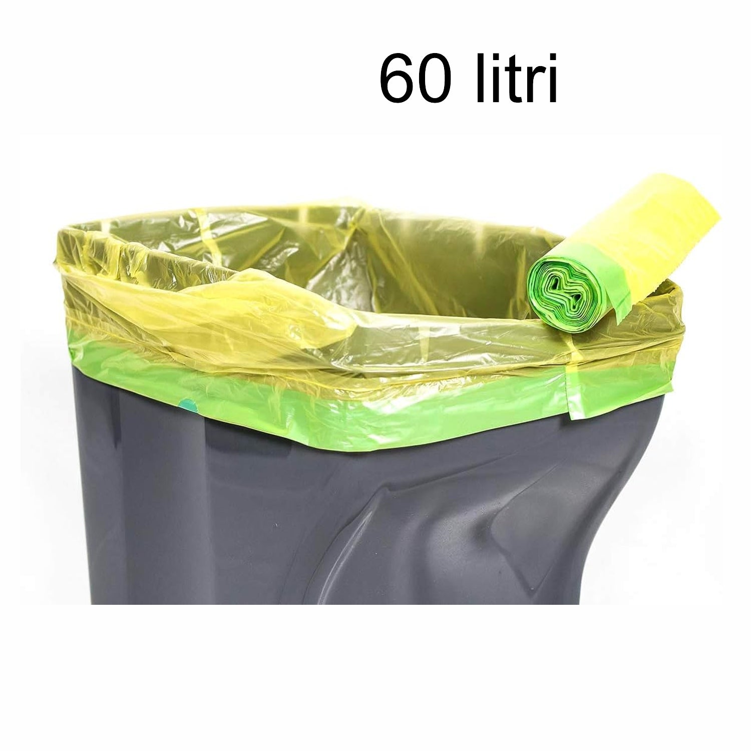 480 Sacchi 60 litri colore giallo con maniglie pattumiera 70x75 cm. 48 rotoli x 10 pz.