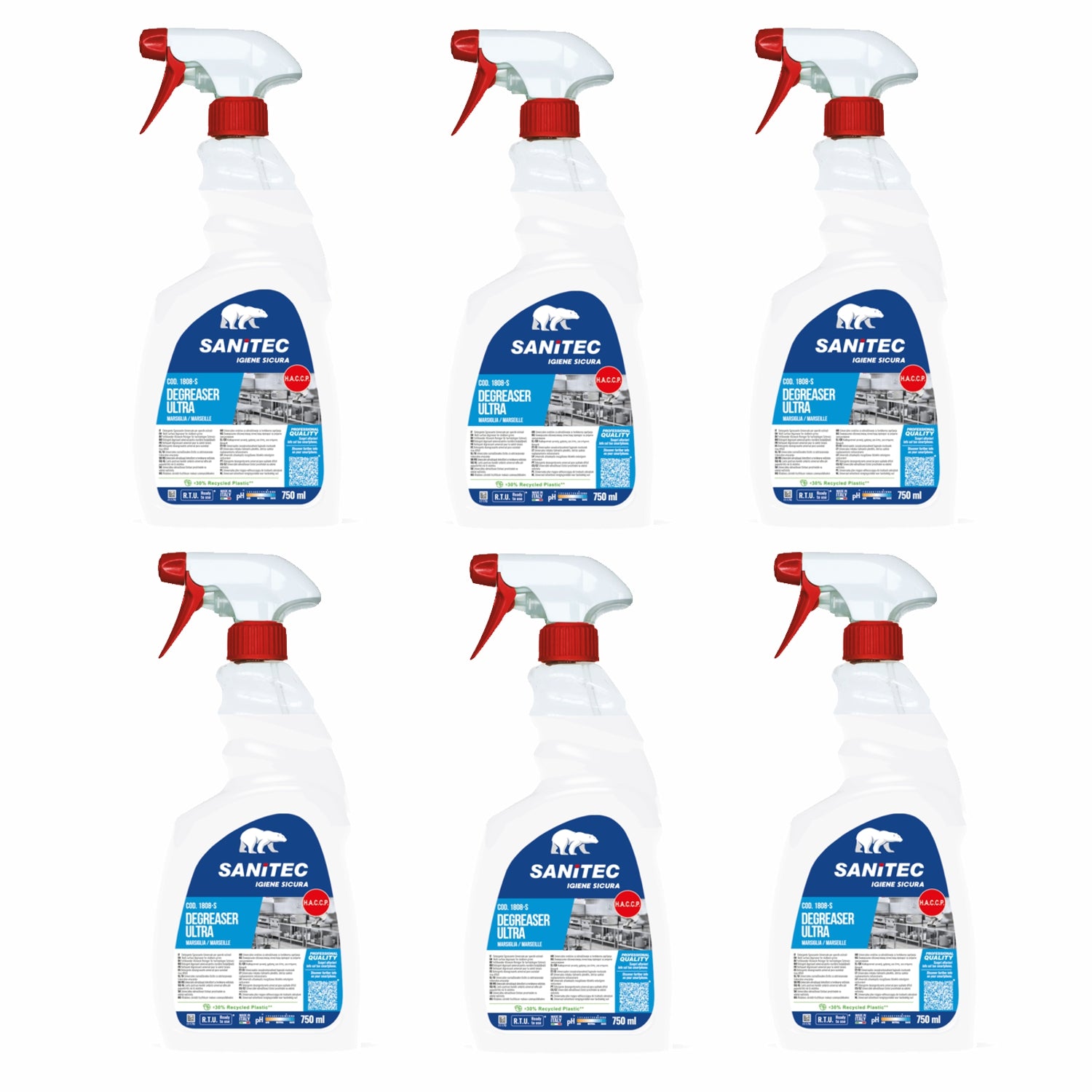 6 flaconi Sgrassatore detergente degreaser ultra marsiglia 750 ML sanitec 1808-S