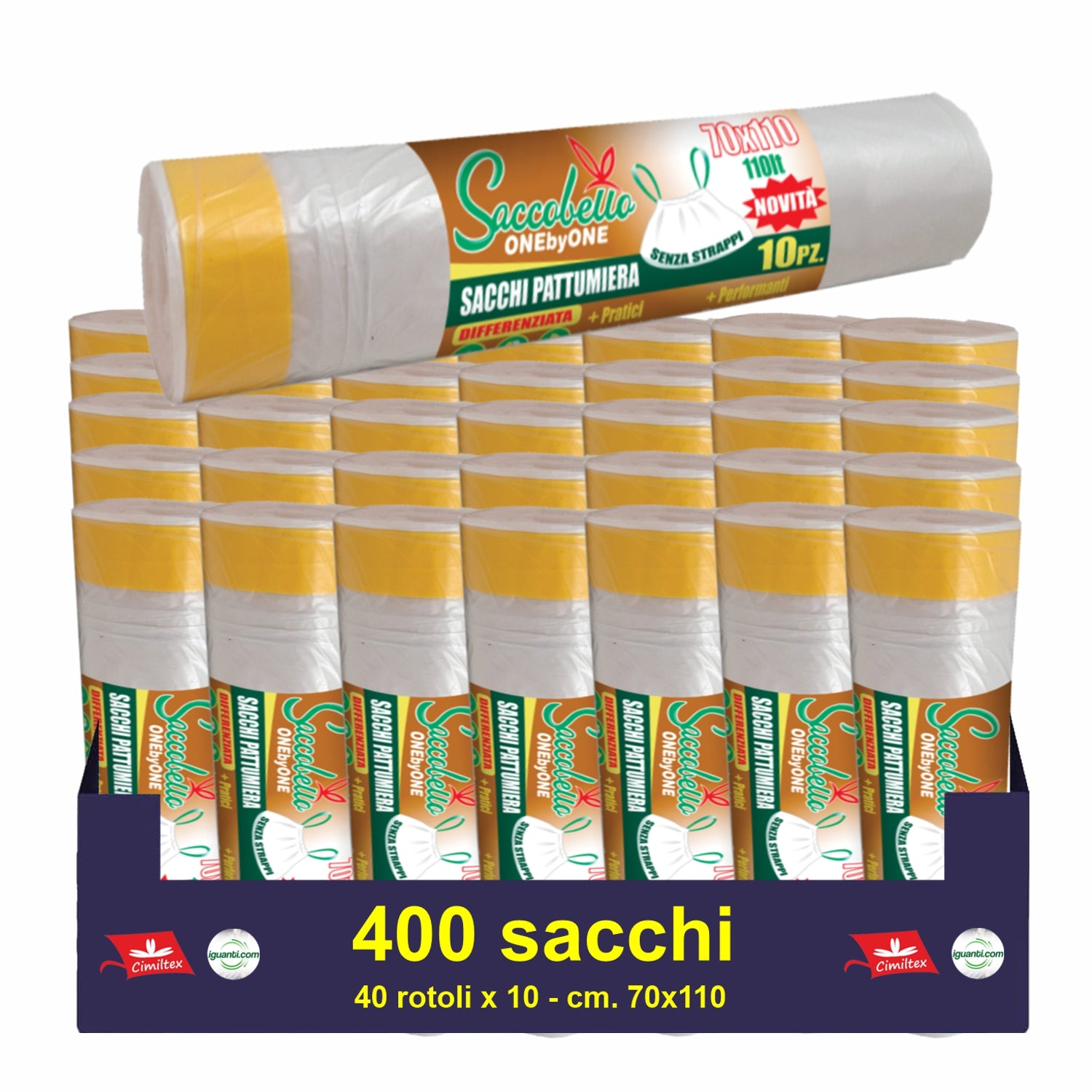 400 Sacchi Spazzatura per Raccolta Differenziata, 110 Litri con Maniglia a Scorrimento, Sacchetti Spazzatura Alta Resistenza, Spazzatura Differenziata per la Riciclabile (neutro 72x110 cm)