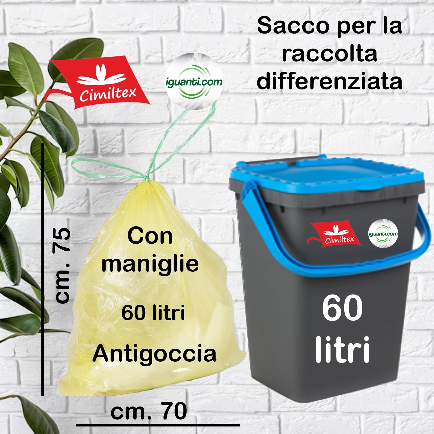 480 Sacchi 60 litri colore giallo con maniglie pattumiera 70x75 cm. 48 rotoli x 10 pz.