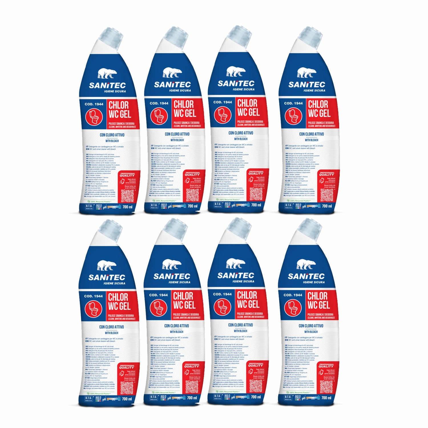 8 Flaconi Detergente gel wc chlor con candeggina 750 ML sanitec 1944