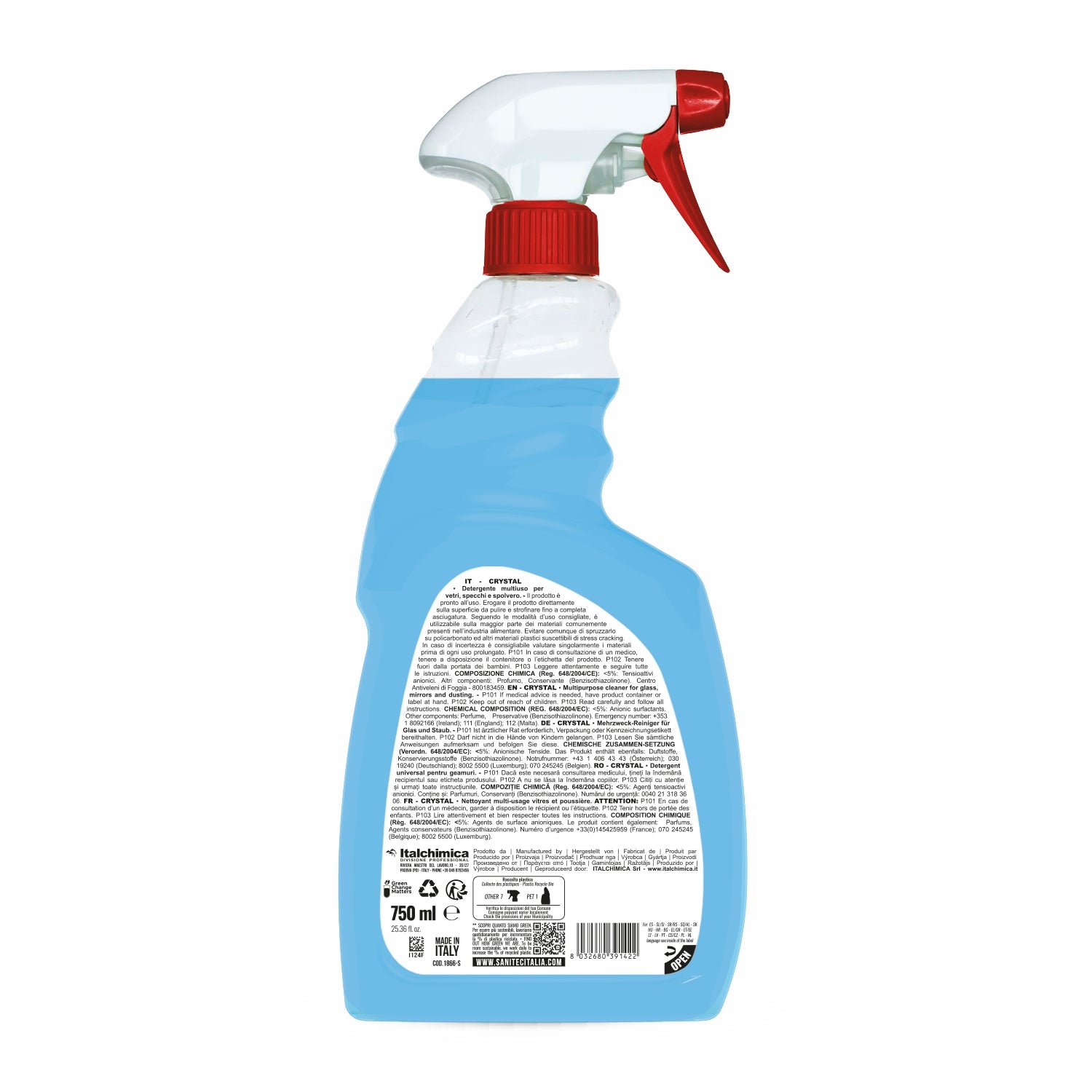 Detergente multiuso Crystal vetri specchi e spolvero 6 flaconi spray x 750 ml.