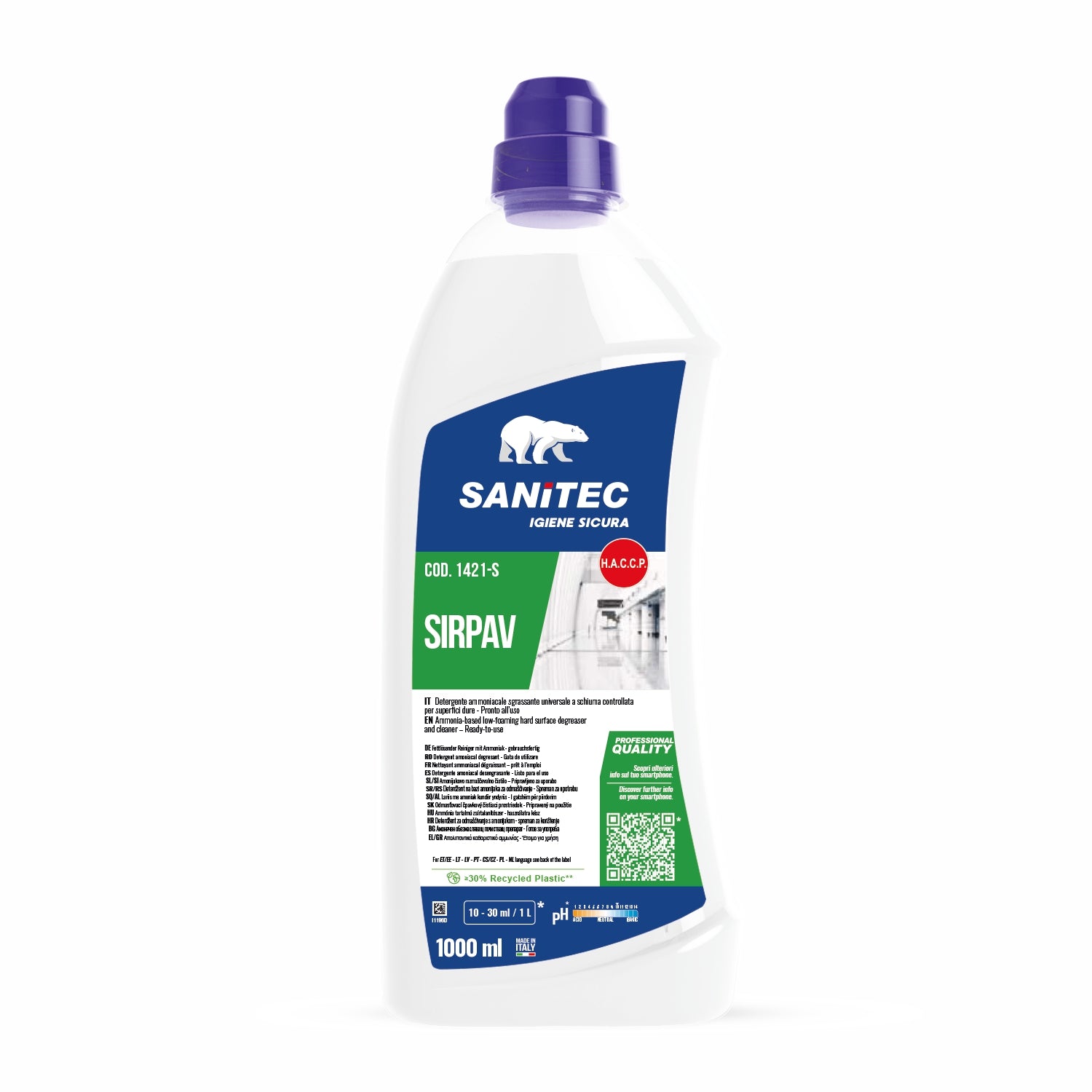 Detergente pavimenti ammoniacale sgrassante sirpav 1000 ml sanitec 1421-s