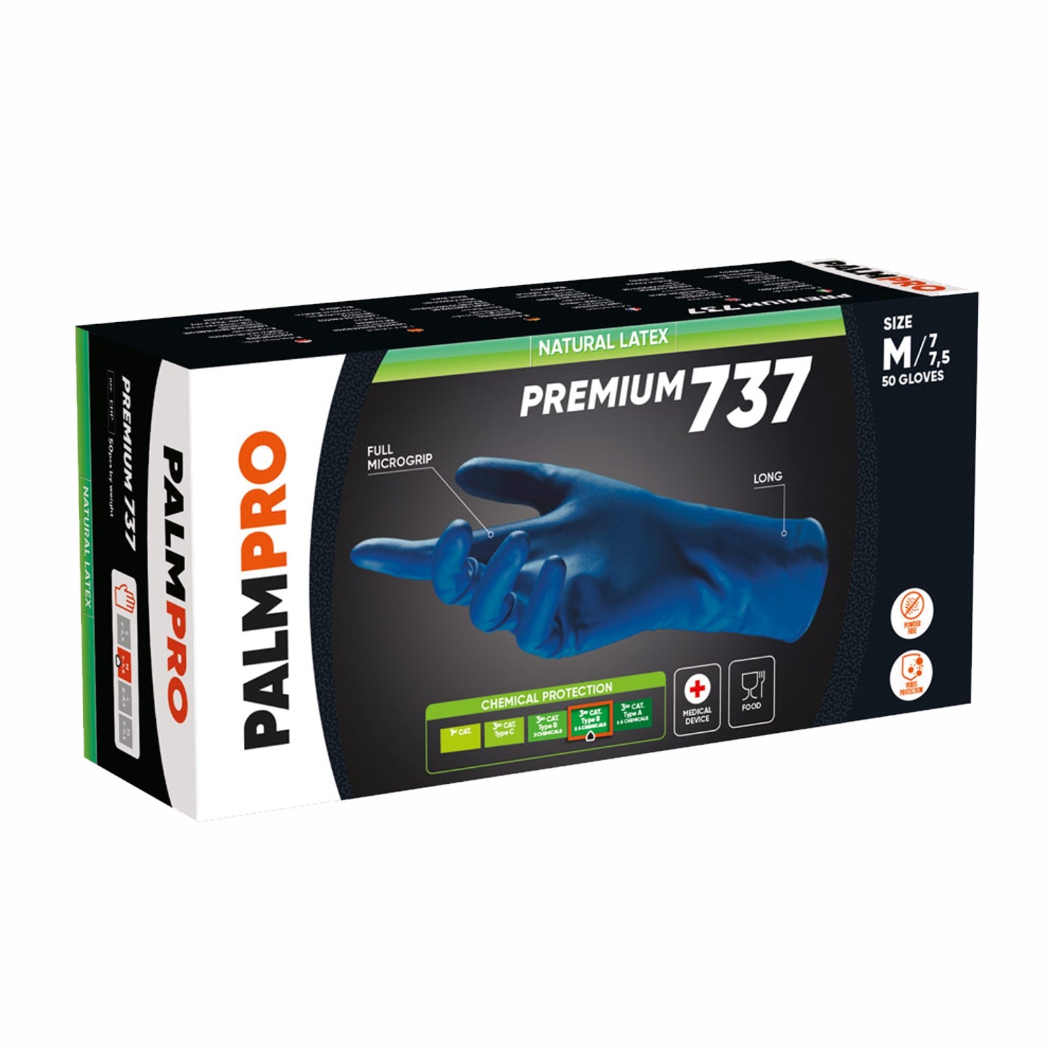 Guanti monouso in lattice senza polvere hi risk pro lungo pz.50 palmpro premium 737