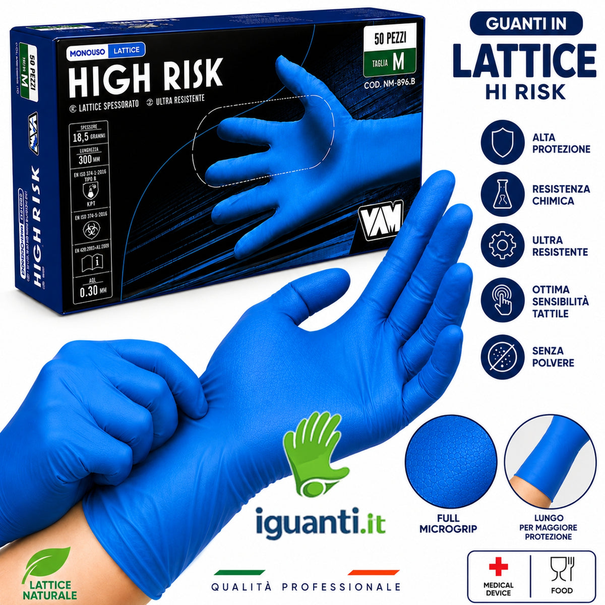 Guanti Hi risks monouso in lattice senza polvere lungo colore blu HIGH RISK pz.50 VAM .jpg