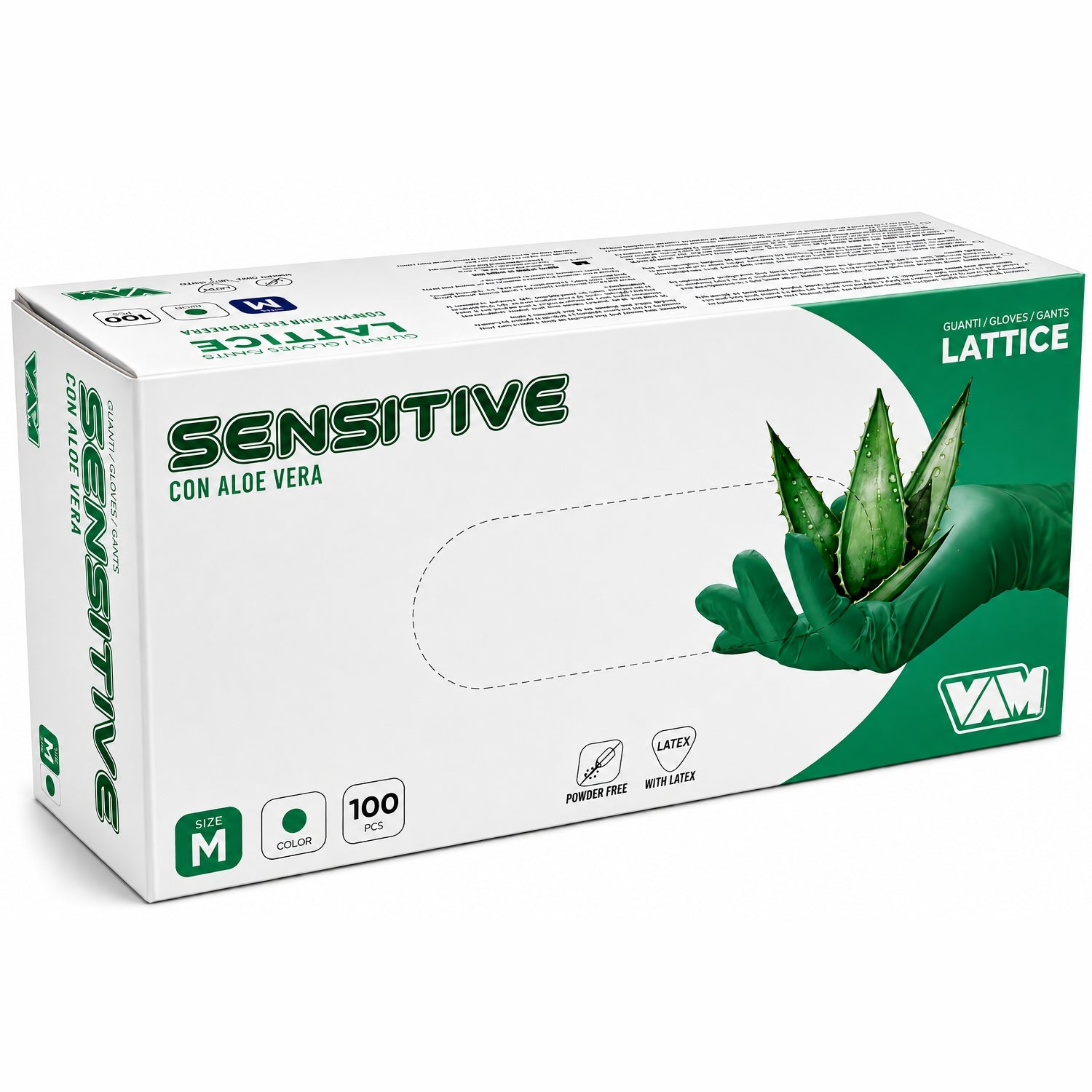 Guanti monouso in lattice aloe vera colore verde pz.100 senza polvere Vam sensitive gr.6,20 Taglia M