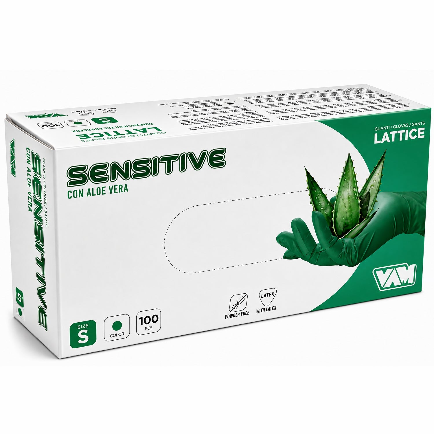 Guanti monouso in lattice aloe vera colore verde pz.100 senza polvere Vam sensitive gr.6,20 Taglia S