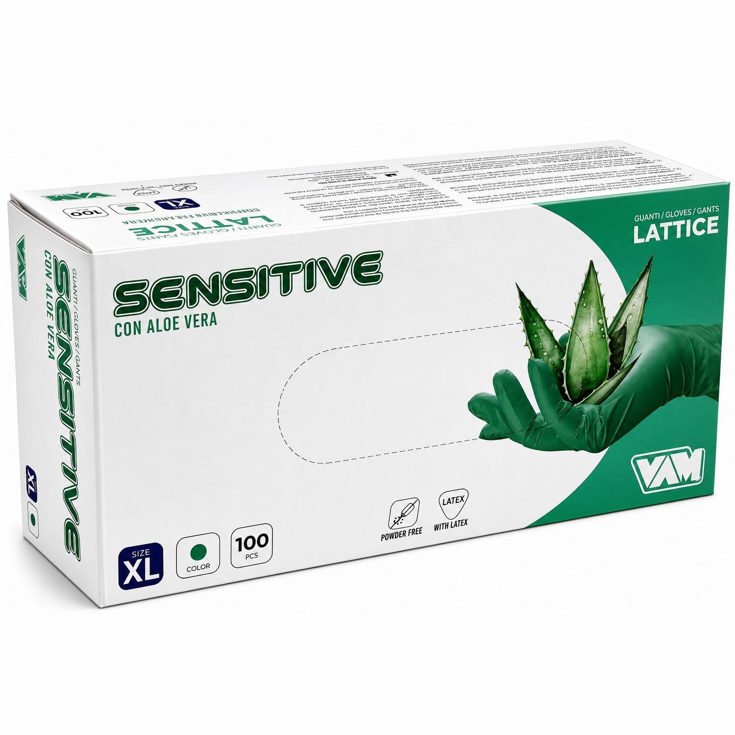 Guanti monouso in lattice aloe vera colore verde pz.100 senza polvere Vam sensitive gr.6,20 Taglia XL