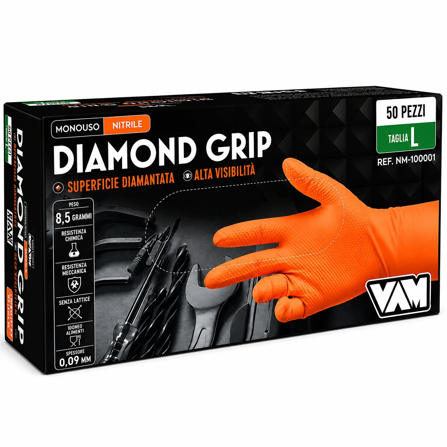 Guanti monouso in nitrile grip arancione pz.50 vam Diamond grip gr. 8,40 taglia L