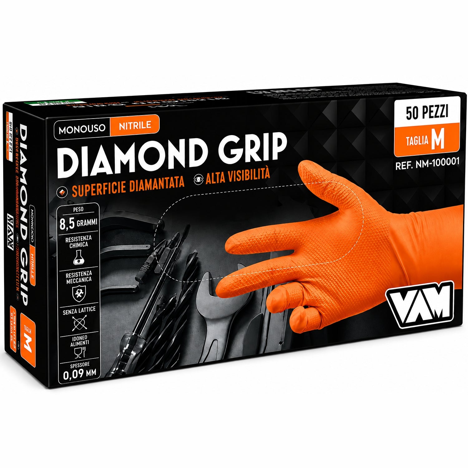 Guanti monouso in nitrile grip arancione pz.50 vam Diamond grip gr. 8,40 taglia M