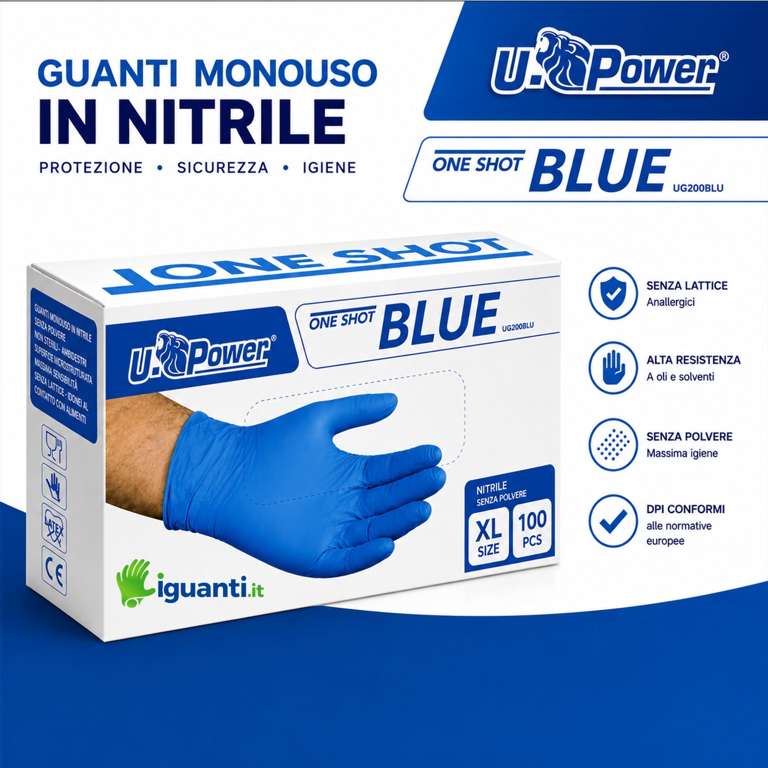 Guanti monouso in nitrile senza polvere blu pz.100 U-power one shot Reflexx 70 gr. 5,00