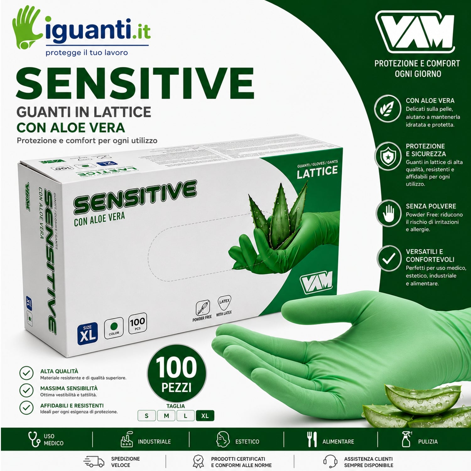 Guanti monouso in lattice aloe vera verde pz.100 sensitive gr.6,20